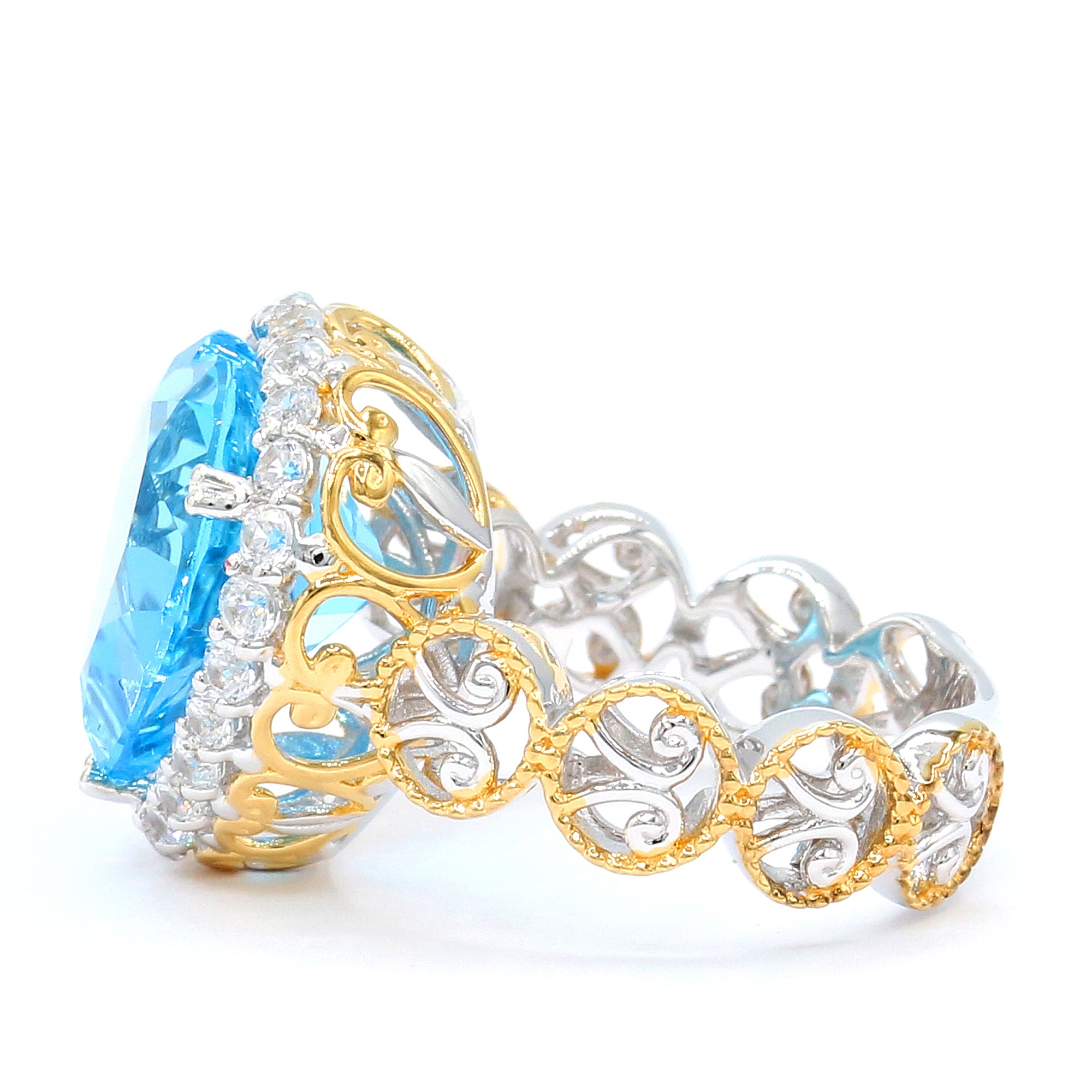 Gems en Vogue 24K Palladium Silver 10.42ctw Heart Shape Swiss Blue Topaz & White Zircon Halo Ring