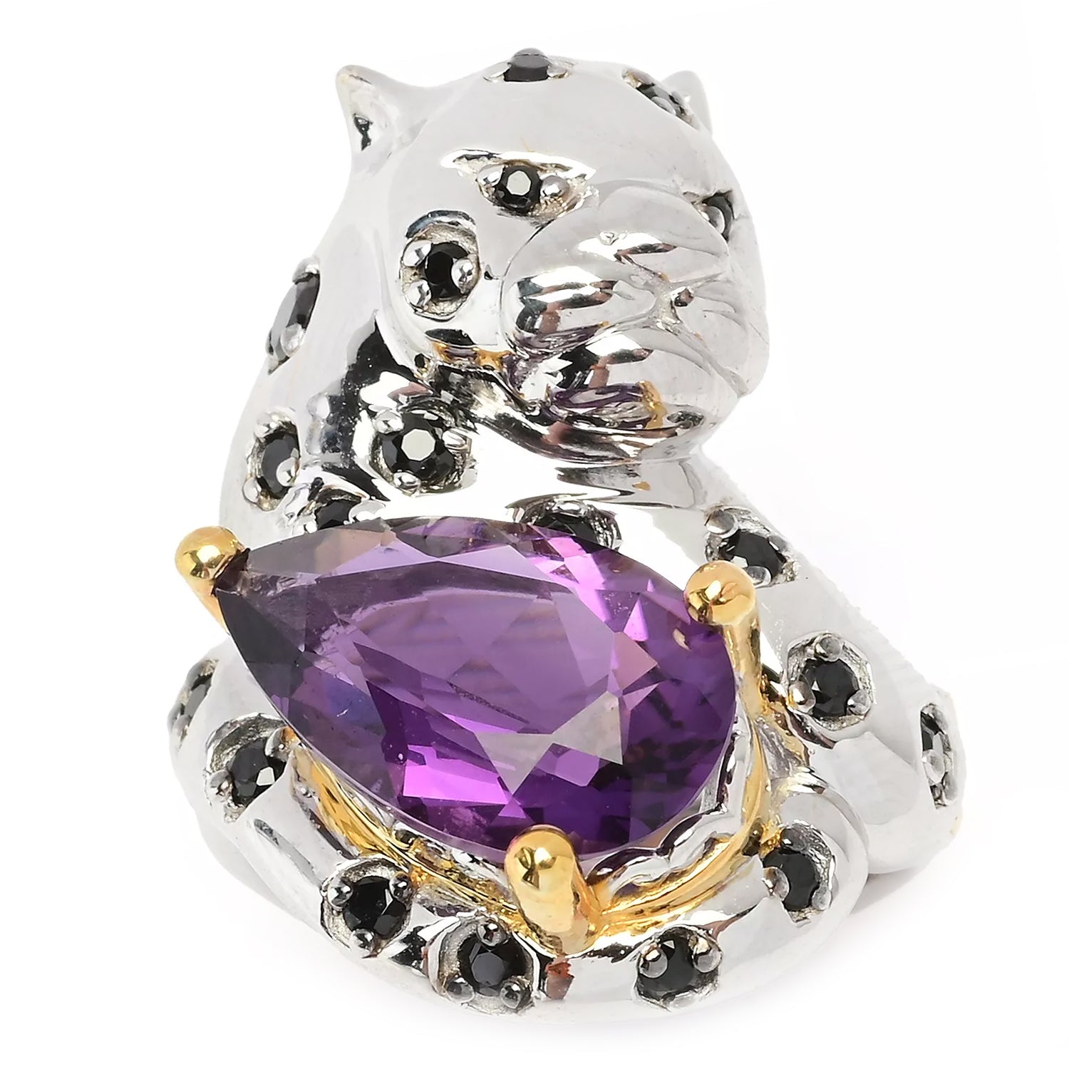 Gems en Vogue 4.67ctw African Amethyst & Black Spinel Panther Ring