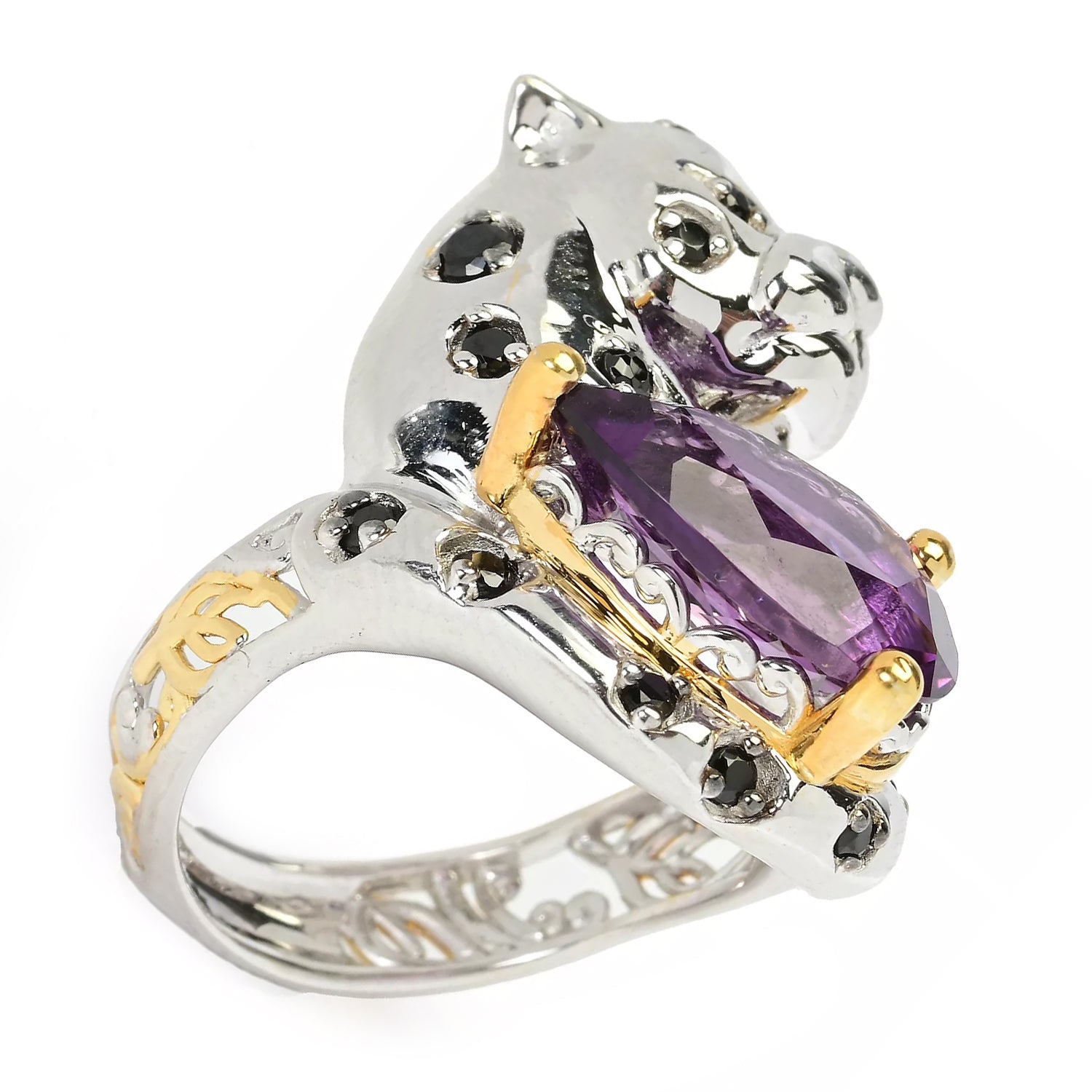 Gems en Vogue 4.67ctw African Amethyst & Black Spinel Panther Ring