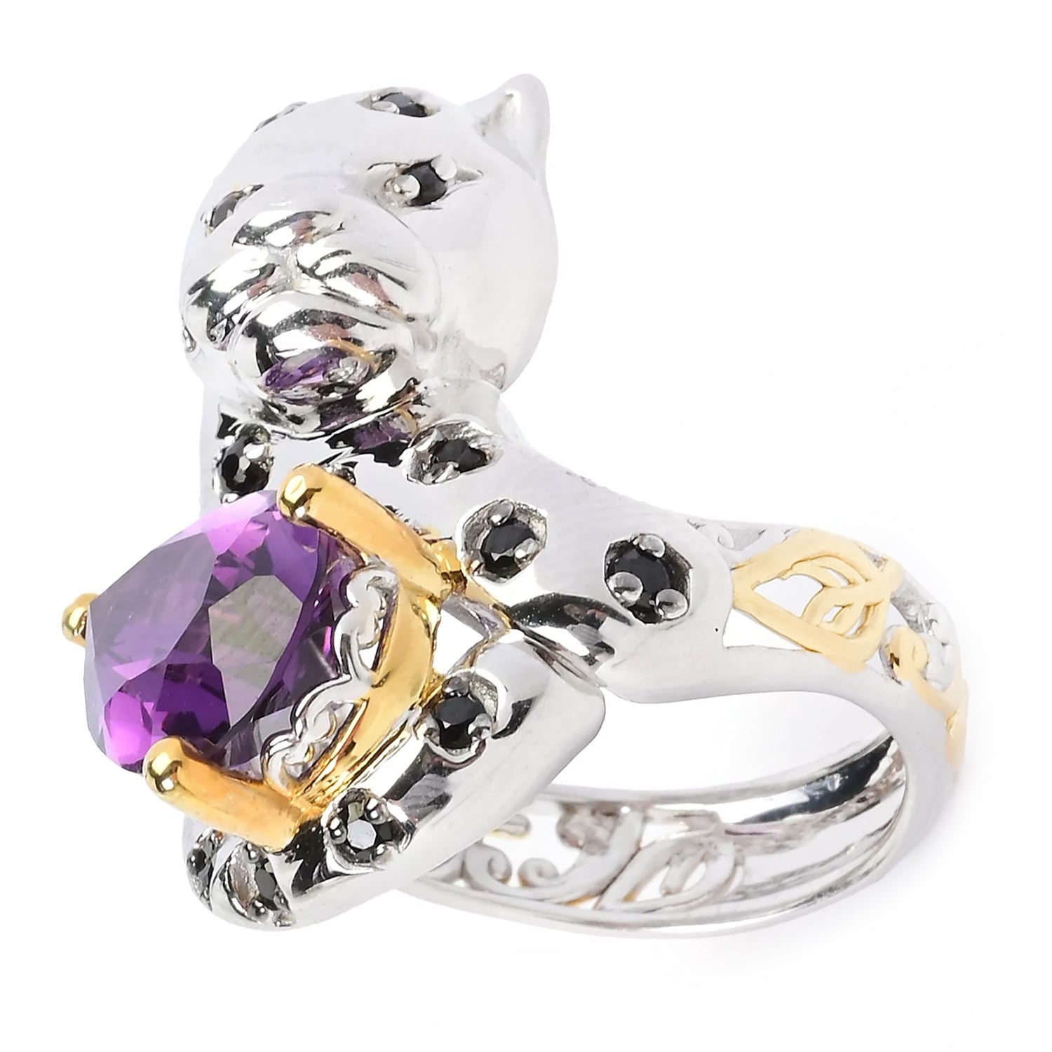 Gems en Vogue 4.67ctw African Amethyst & Black Spinel Panther Ring