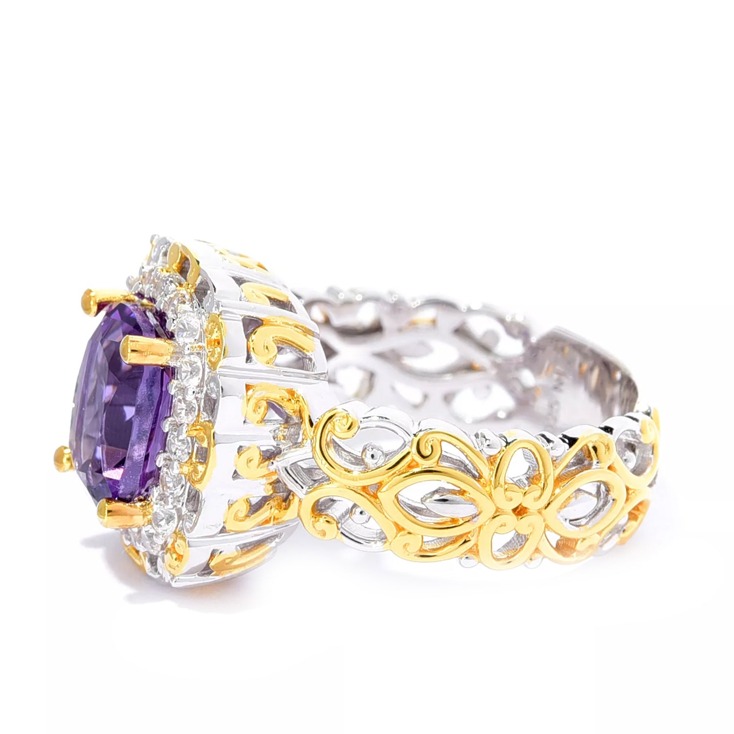 Gems en Vogue 3.10ctw Cushion Amethyst & White Zircon Ring