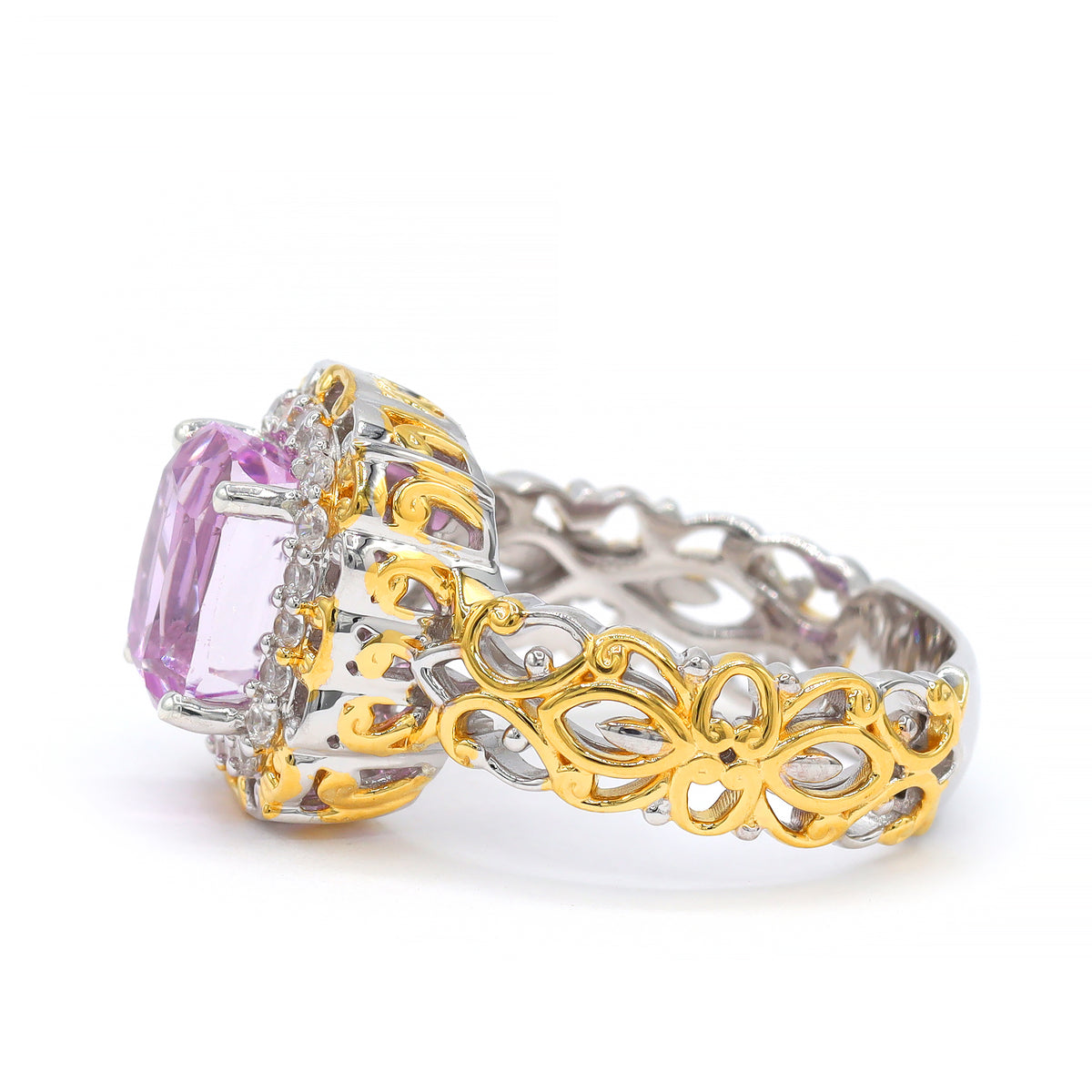 Gems en Vogue One-of-a-Kind 24K Palladium Silver 4.48ctw Pink Kunzite & White Zircon Halo Ring