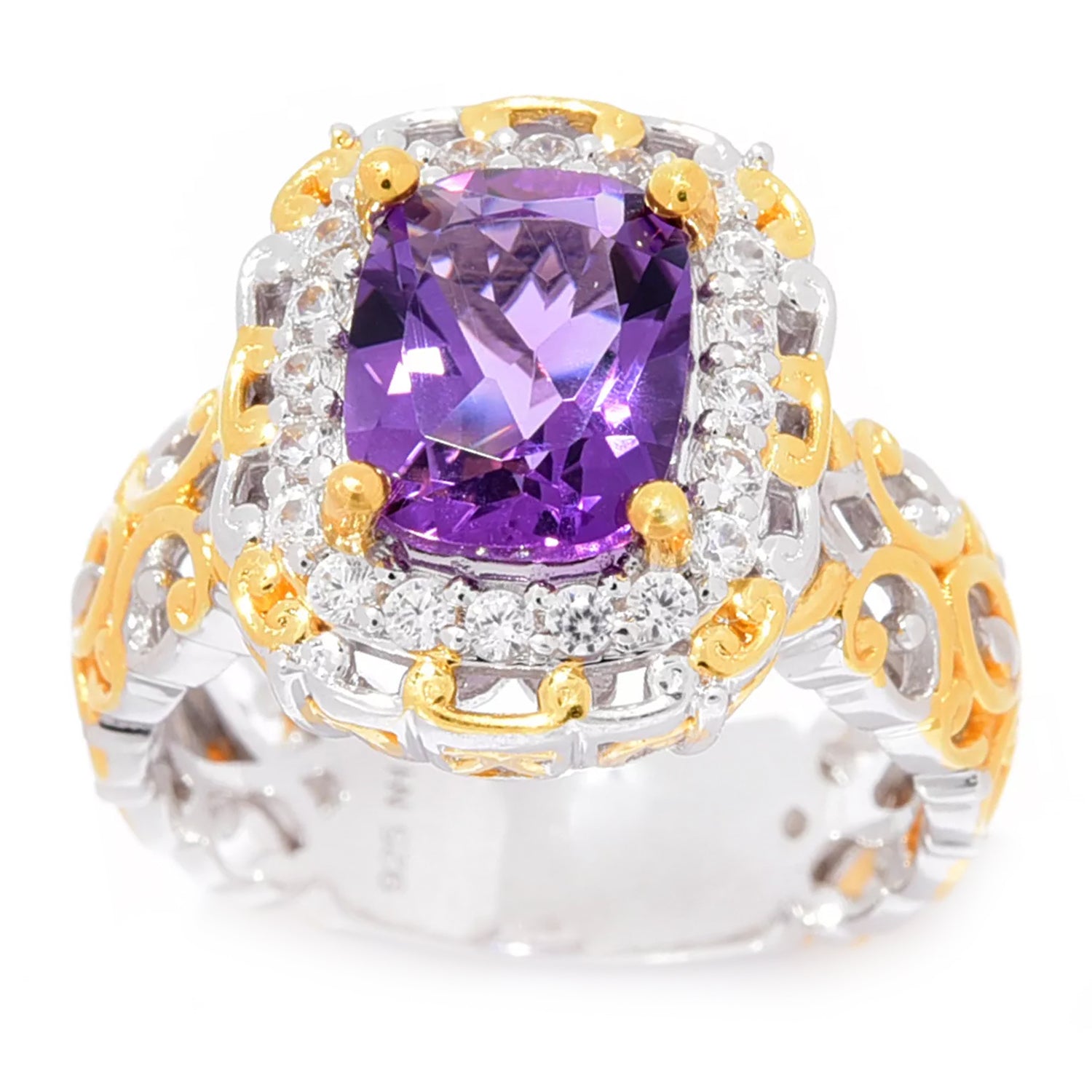 Gems en Vogue 3.10ctw Cushion Amethyst & White Zircon Ring