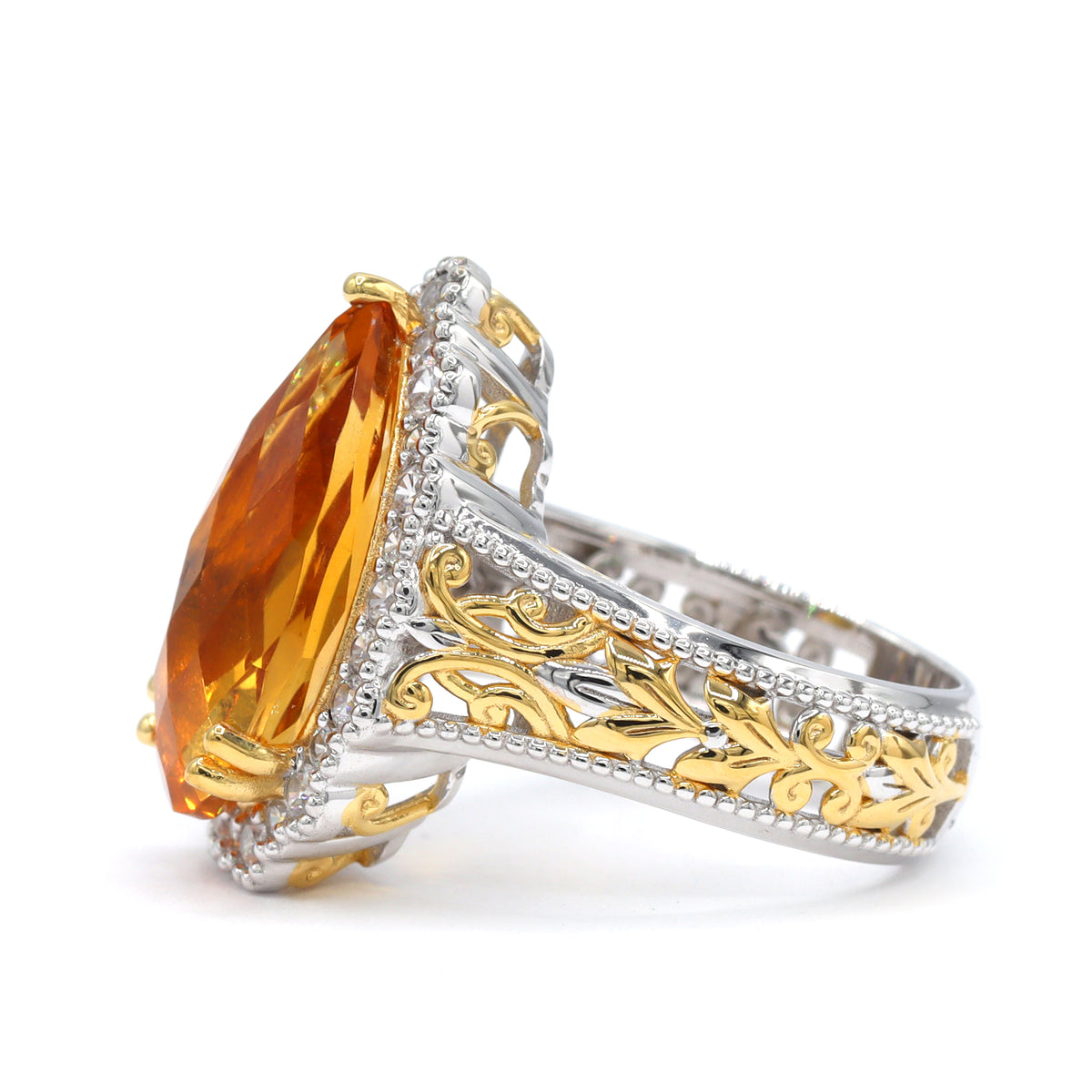 Bague Gems en Vogue en Citrine de Bolivie "Fire" 18,38 carats et Zircons Blancs