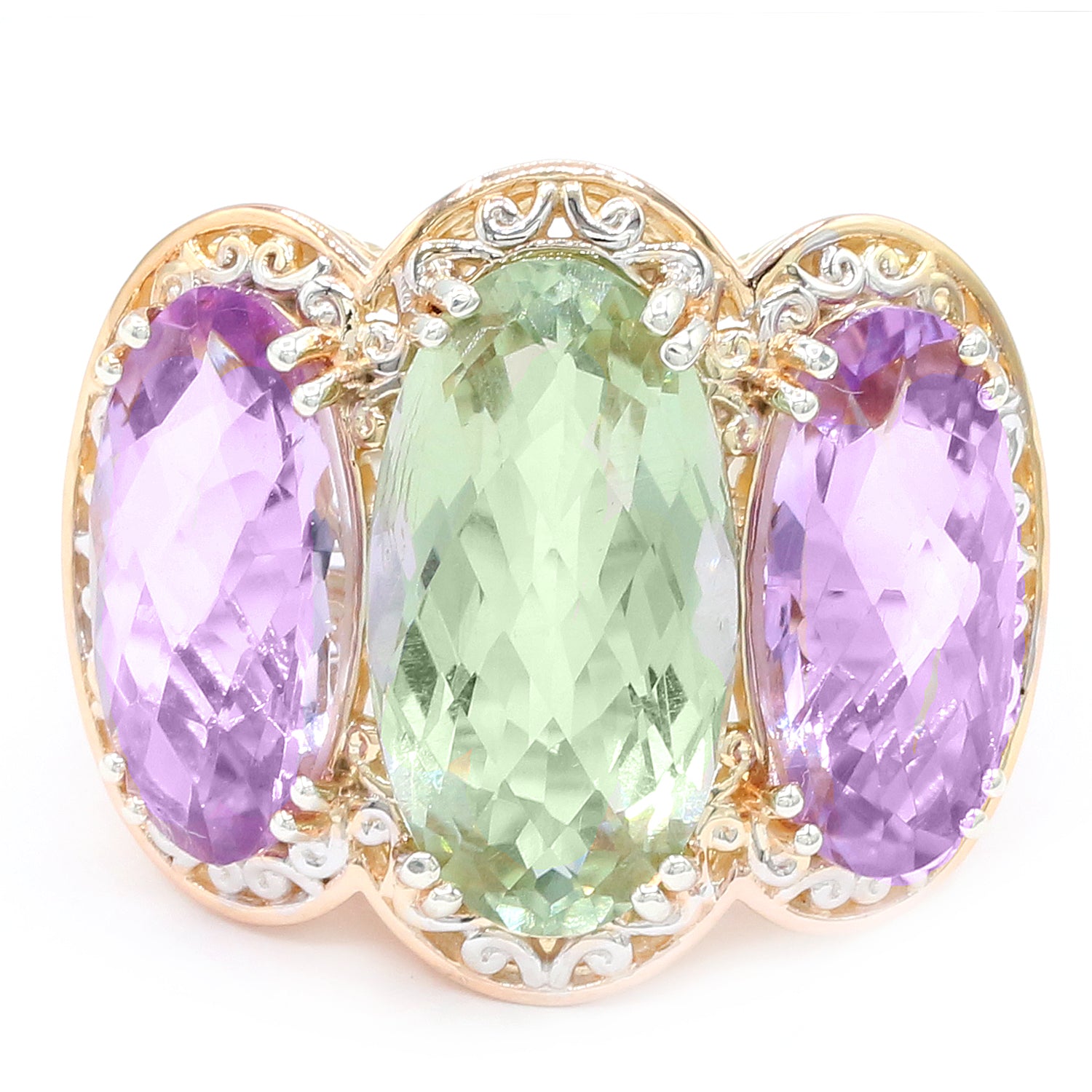 Gems en Vogue One-of-a-Kind 17.63ctw Prasiolite & Pink Amethyst Three Stone Ring