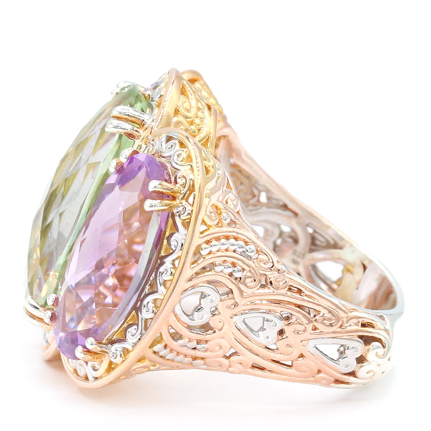 Gems en Vogue One-of-a-Kind 17.63ctw Prasiolite & Pink Amethyst Three Stone Ring