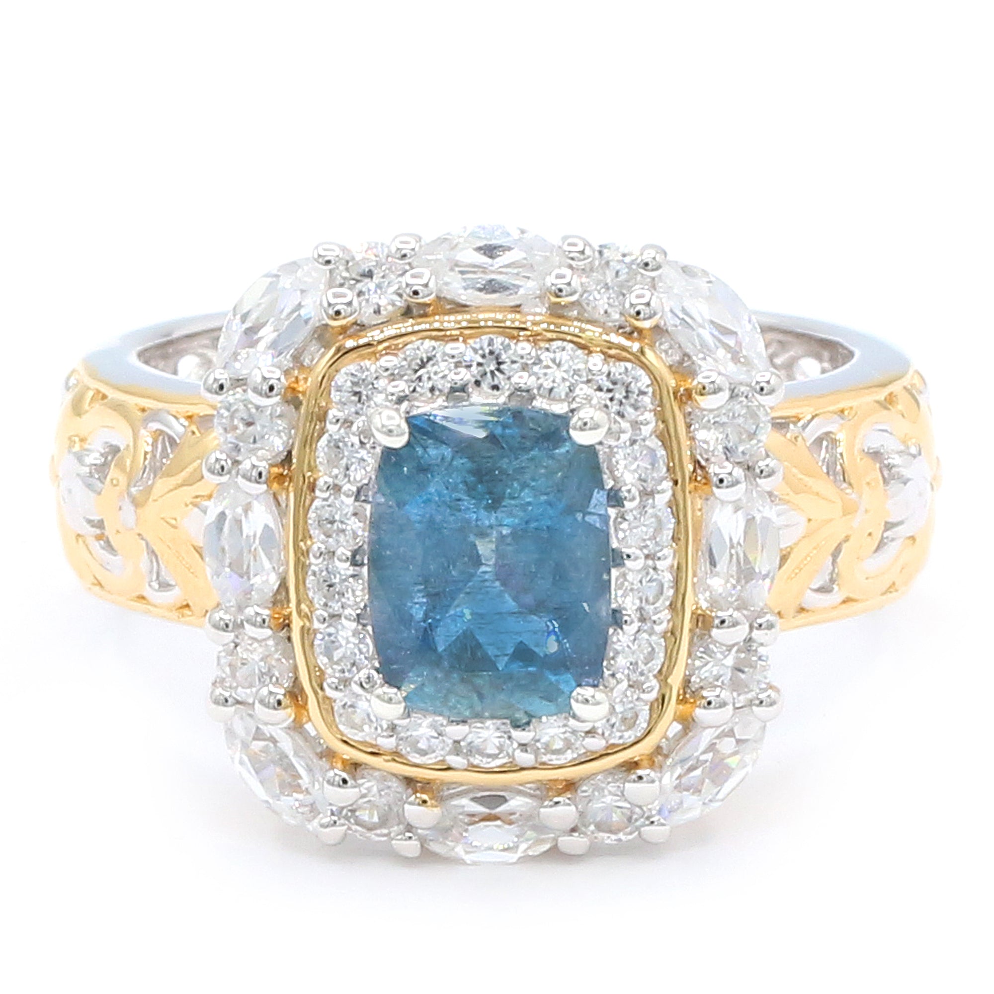 Gems en Vogue One-of-a-Kind 24K Palladium Silver 2.85ctw Tanzanian Aquamarine & White Zircon Double Halo Ring