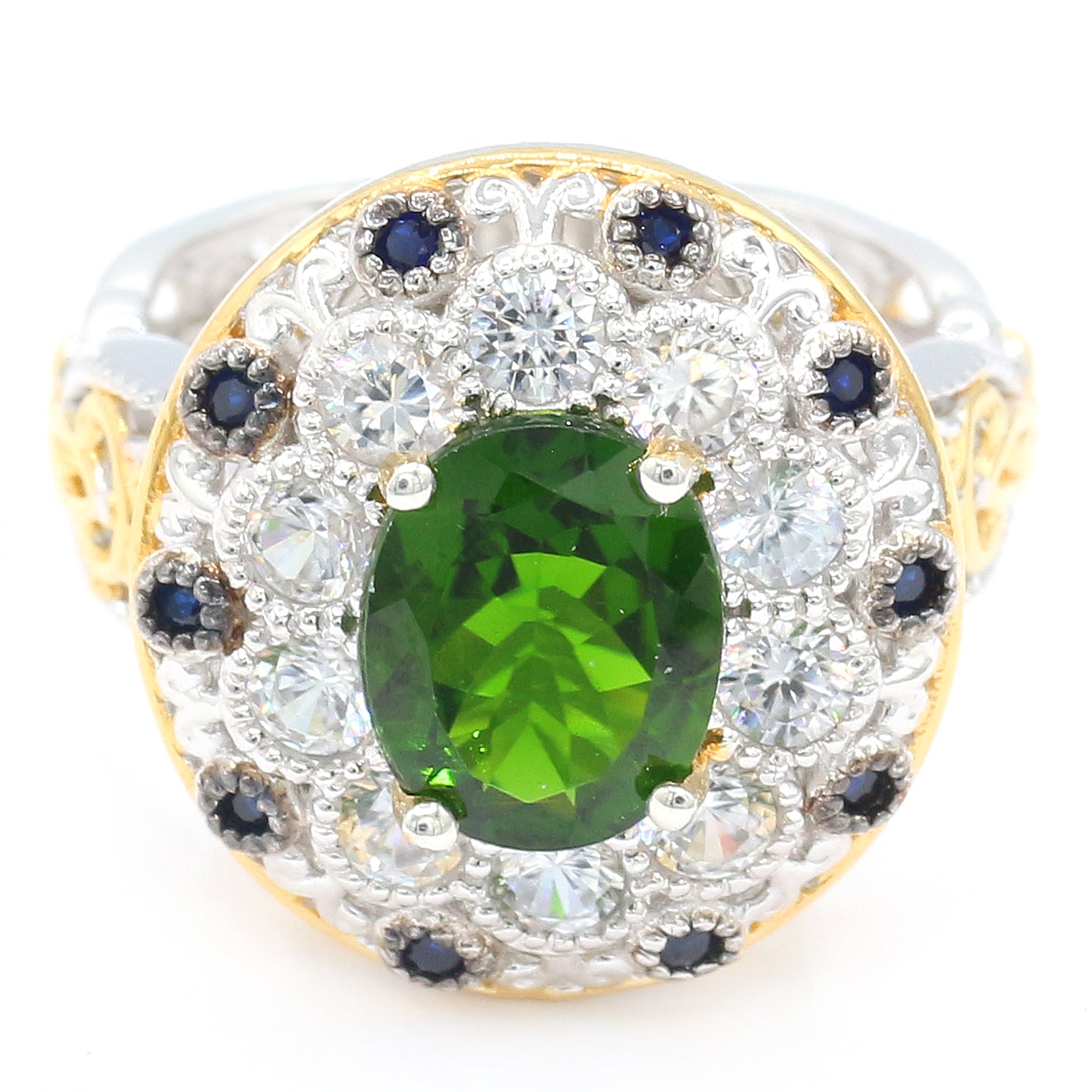 Gems en Vogue 4.80ctw Chrome Diopside, Cobalt Blue Spinel & White Zircon Halo Ring