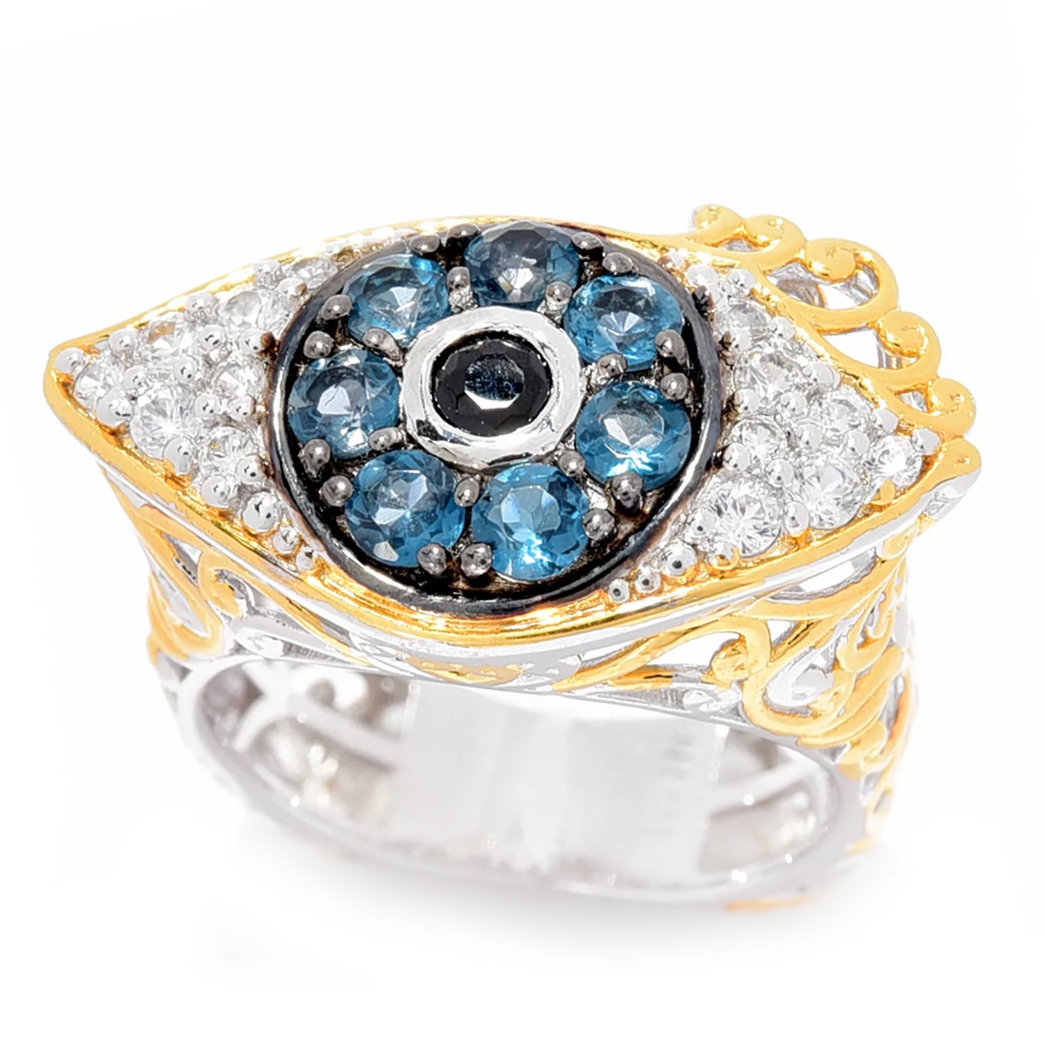 Gems en Vogue 1.78ctw London Blue Topaz, Black Spinel & White Zircon Evil Eye Ring