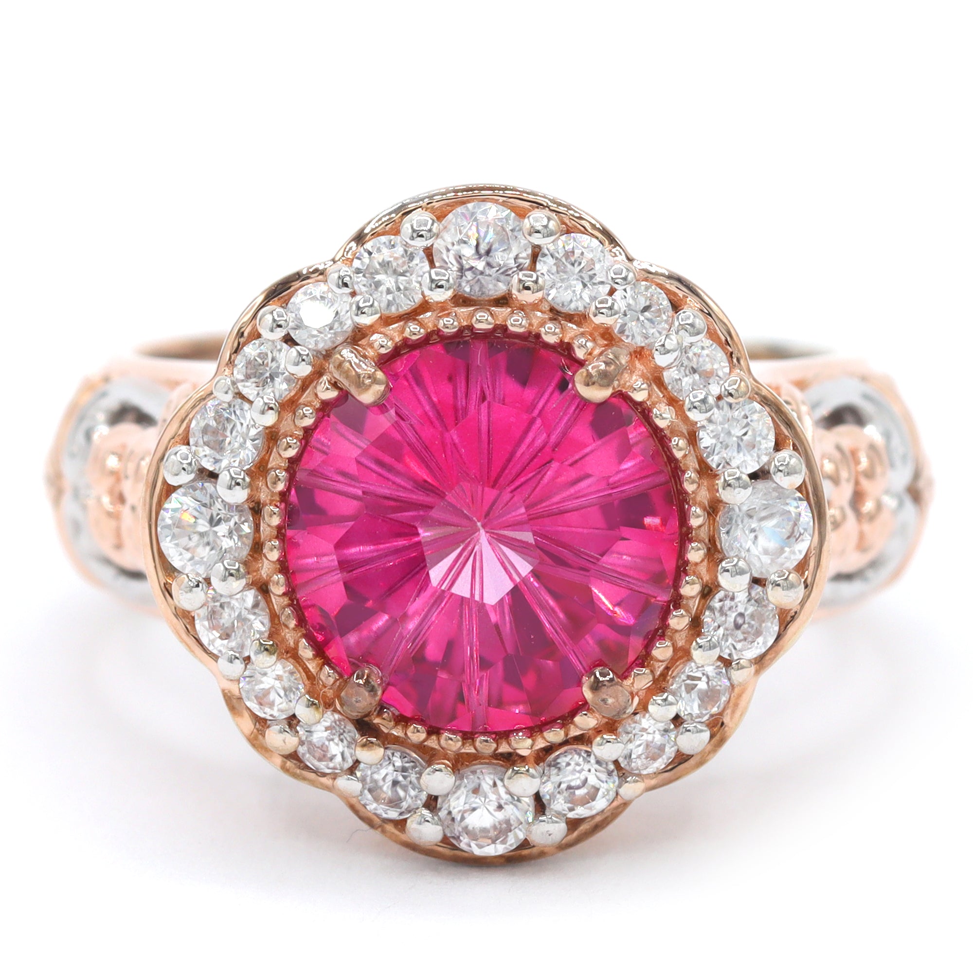 Gems en Vogue One-of-a-Kind 18K Palladium Silver 5.52ctw Special Cut Pink Topaz & White Zircon Halo Ring