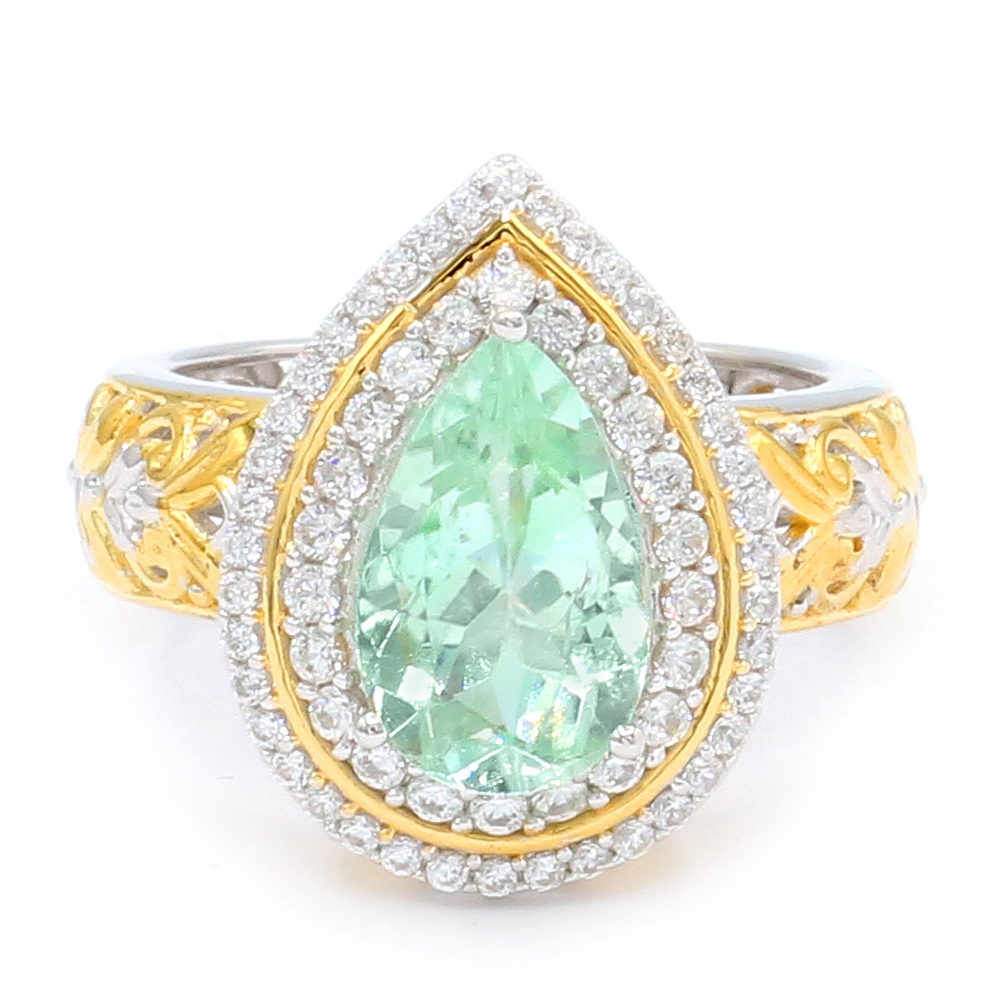 Couture Gems One-of-a-Kind 24K Palladium Silver 3.80ctw Mint Green Tourmaline & White Zircon Halo Ring