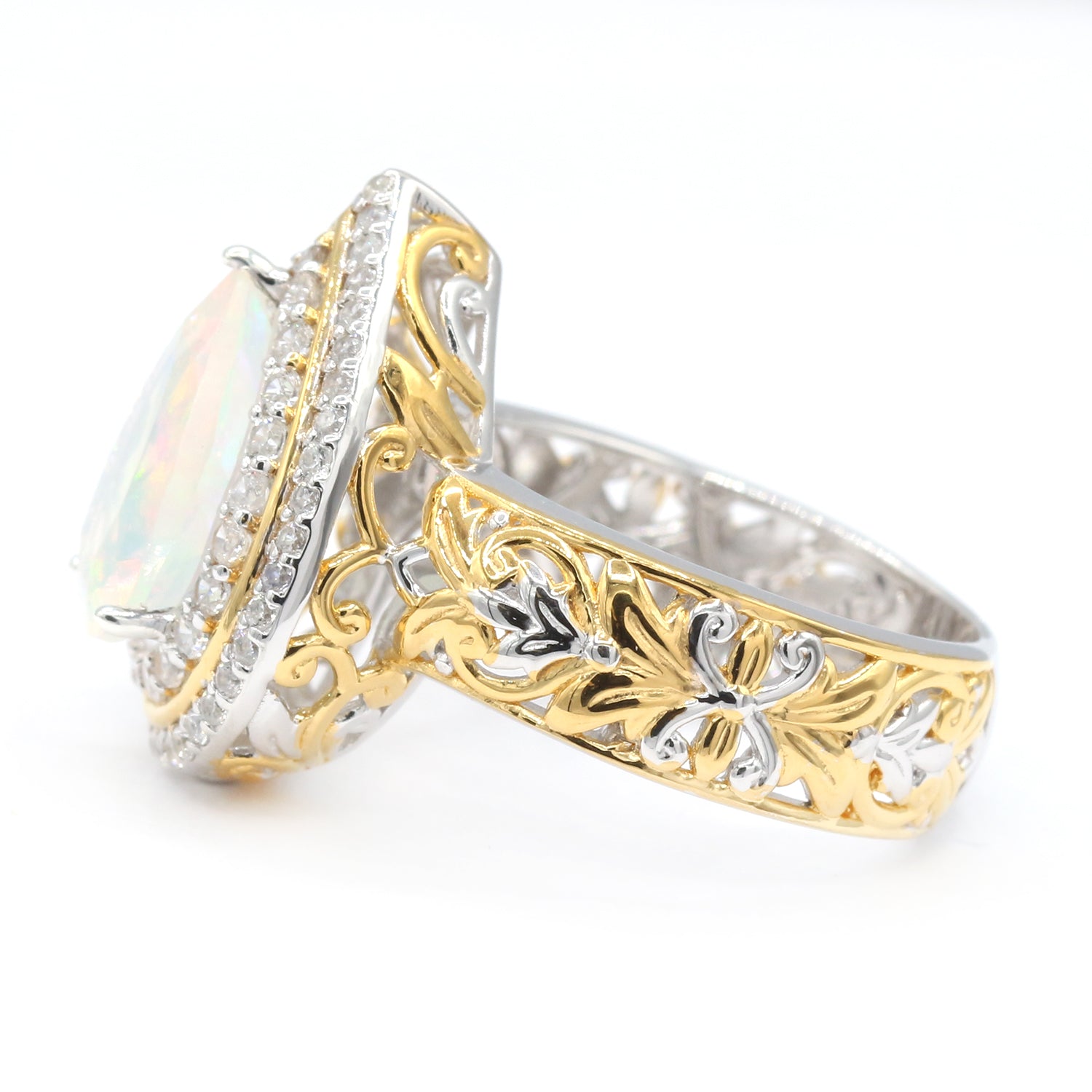 Gems en Vogue 4.70ctw Pear Shape Ethiopian Opal & White Zircon Halo Ring