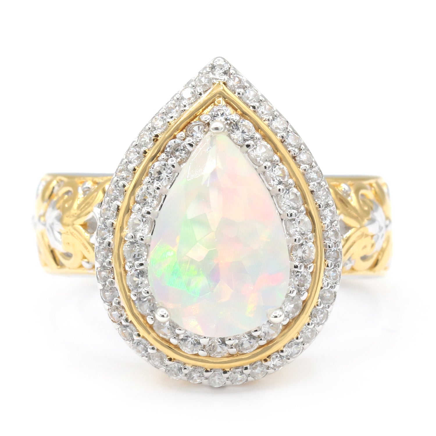 Gems en Vogue 4.70ctw Pear Shape Ethiopian Opal & White Zircon Halo Ring