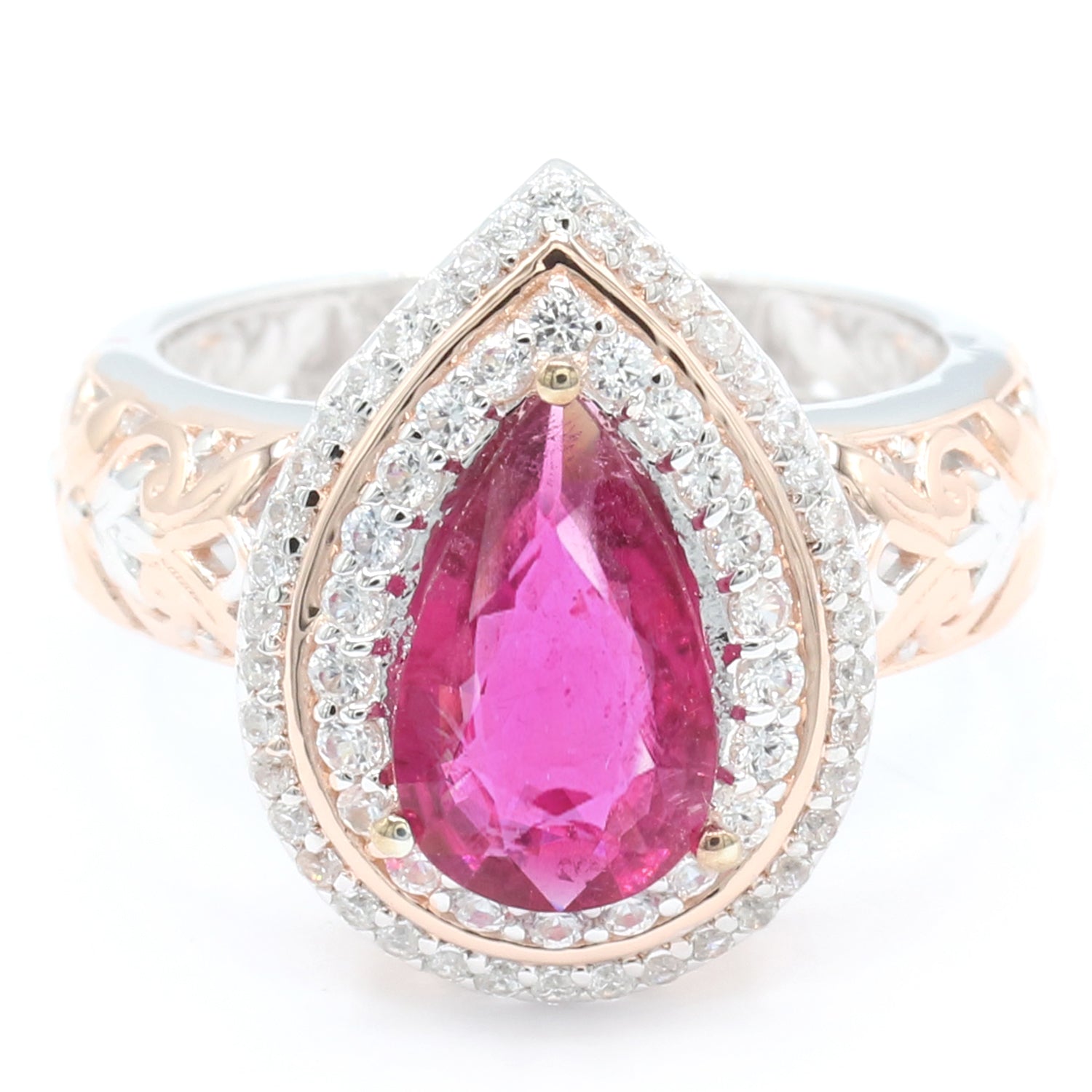 Limited Edition Gems en Vogue 2.89ctw Pearshaped Rubellite & White Zircon Halo Ring