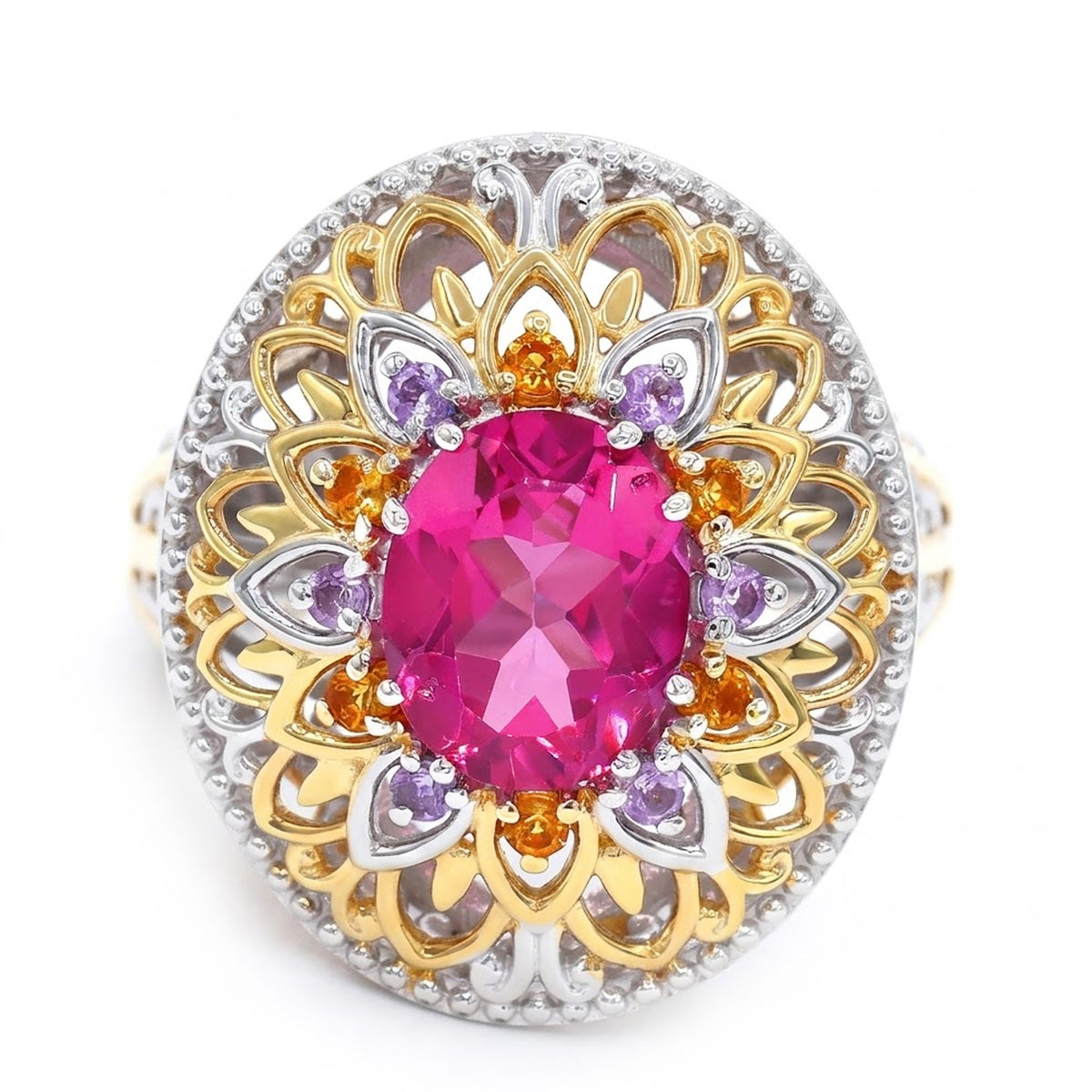 Gems en Vogue 24K Palladium Silver 3.86ctw Pink Topaz, Brazilian Amethyst & Citrine Ring