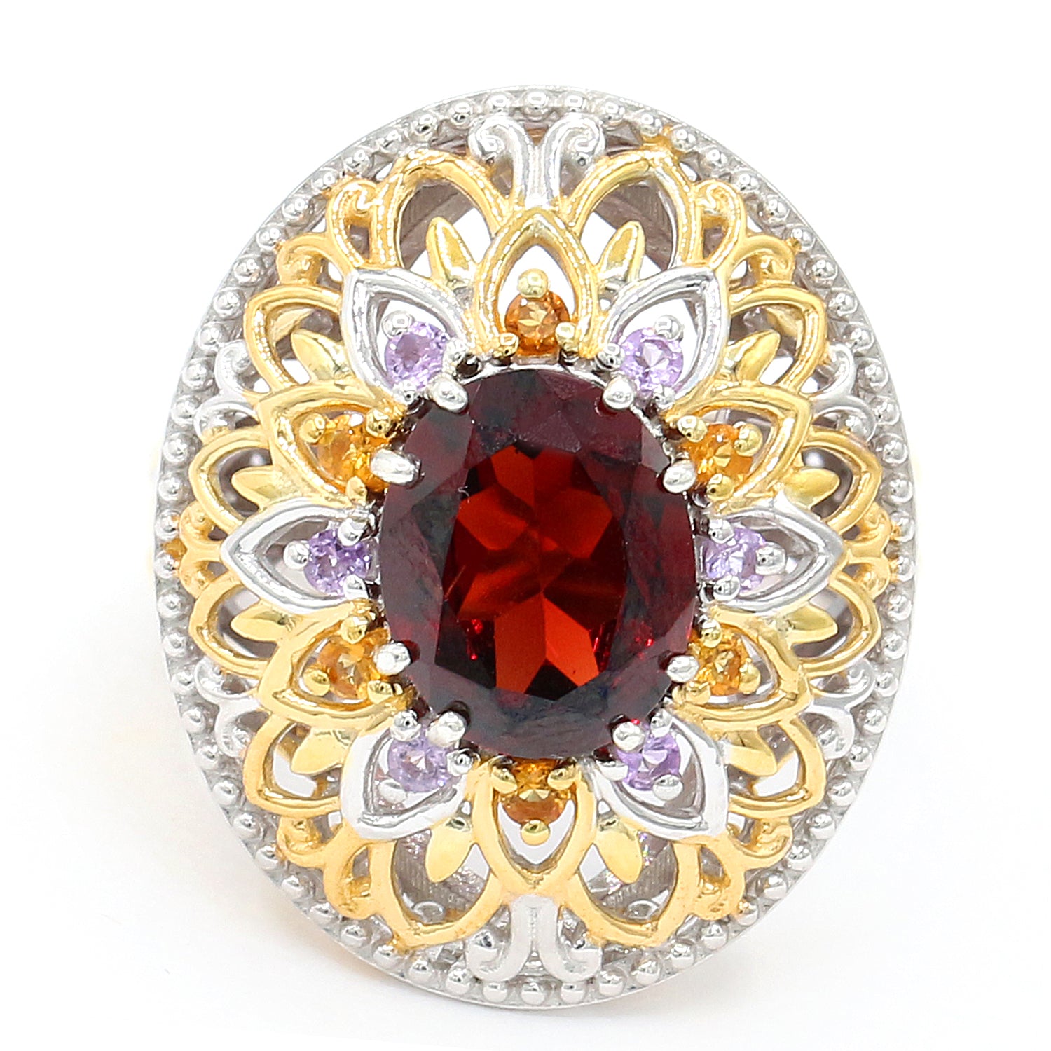 Gems en Vogue 3.34ctw Mozambique Garnet, Golden Citrine & Brazilian Amethyst Ring