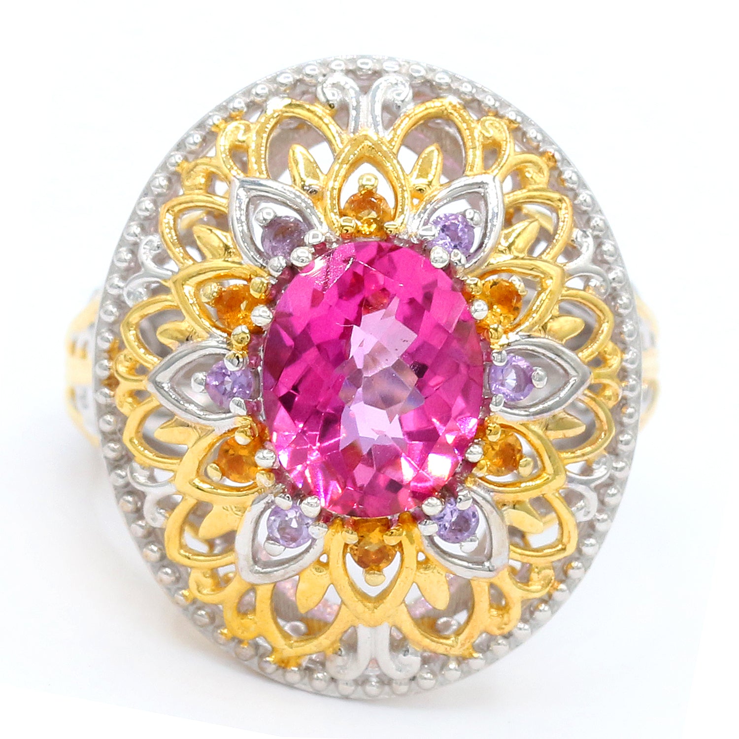 Gems en Vogue 3.86ctw Pink Topaz, Brazilian Amethyst & Golden Citrine Ring