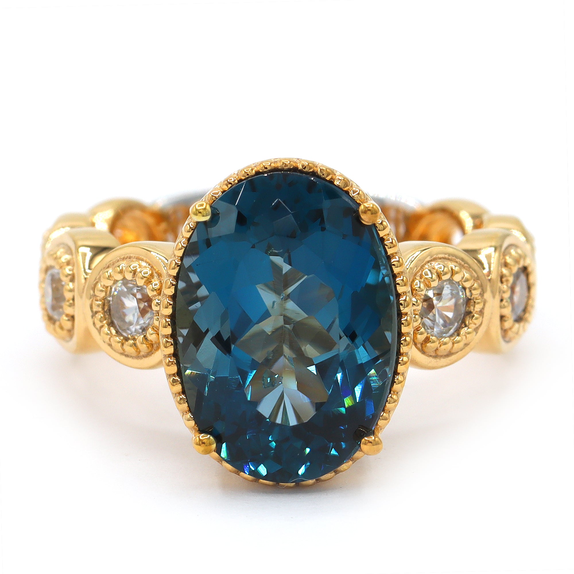 Bague Gems en Vogue en topaze bleu de Londres Tillion de 7,60 carats et zircon blanc Halo