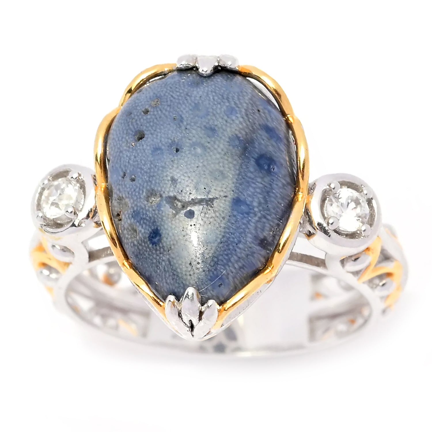 Gems en Vogue Pear Shaped Blue Coral & White Zircon Ring