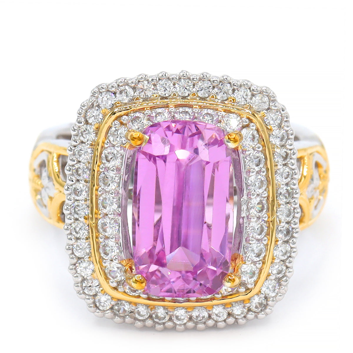 Gems en Vogue One-of-a-Kind 24K Palladium Silver 7.23ctw Pink Kunzite & White Zircon Double Halo Ring