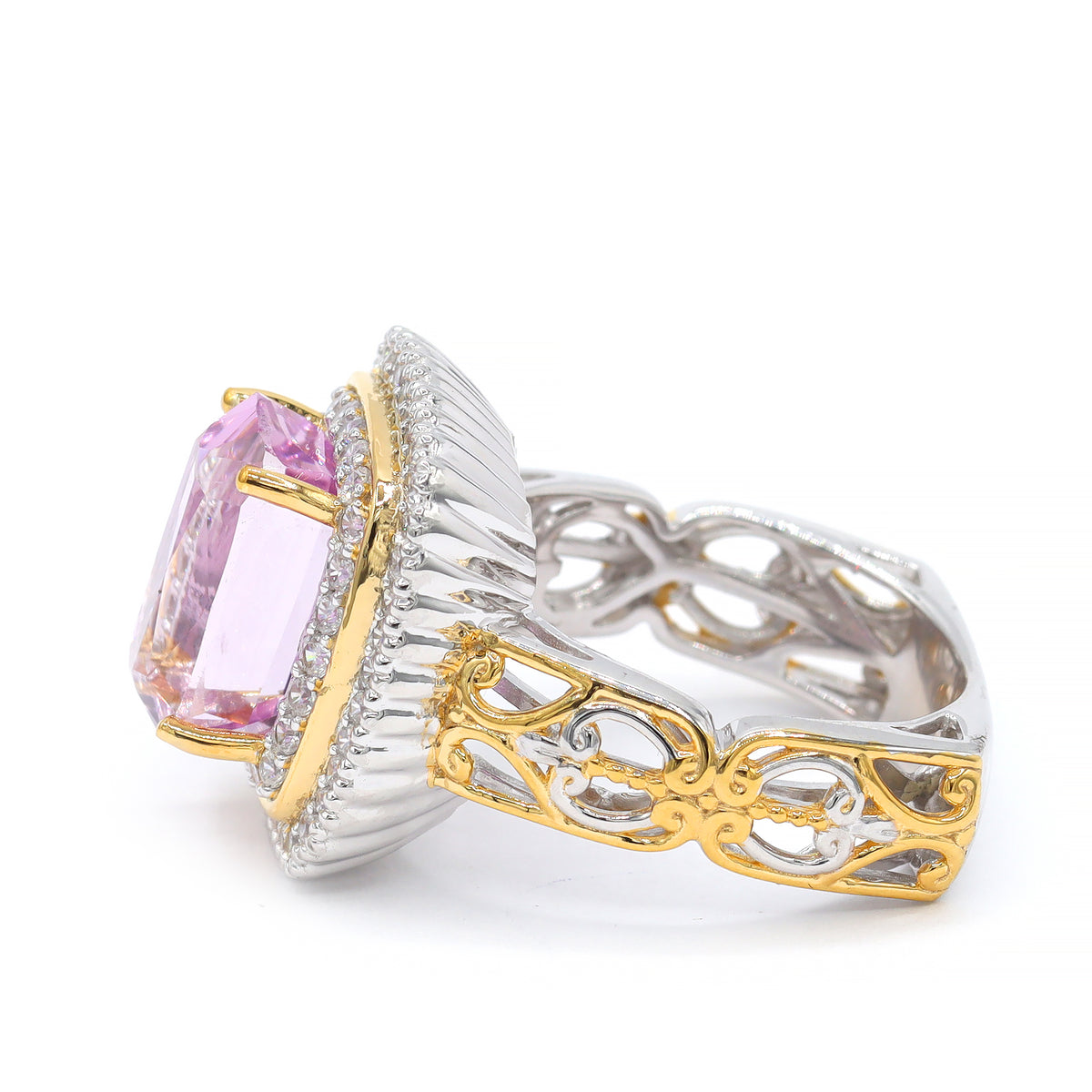 Gems en Vogue One-of-a-Kind 24K Palladium Silver 7.23ctw Pink Kunzite & White Zircon Double Halo Ring