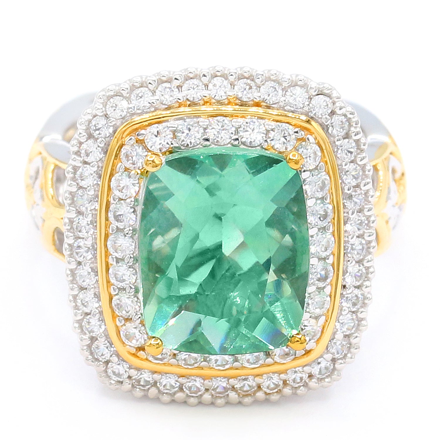 Gems en Vogue 6.41ctw Mint Green Fluorite & White Zircon Double Halo Ring