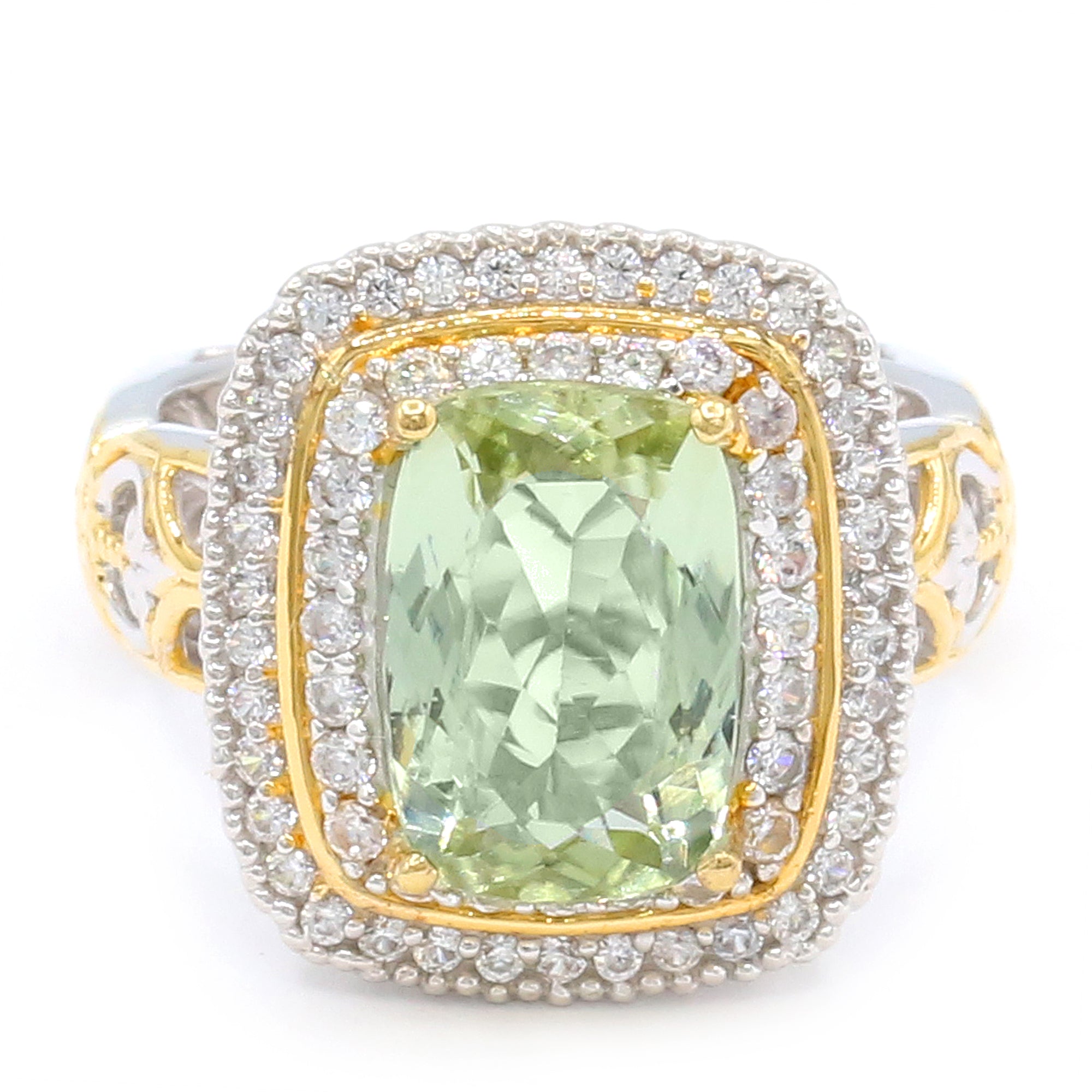 Couture Gems One-of-a-Kind 24K Palladium Silver 5.07ctw Sage Green Tourmaline & White Zircon Double Halo Ring