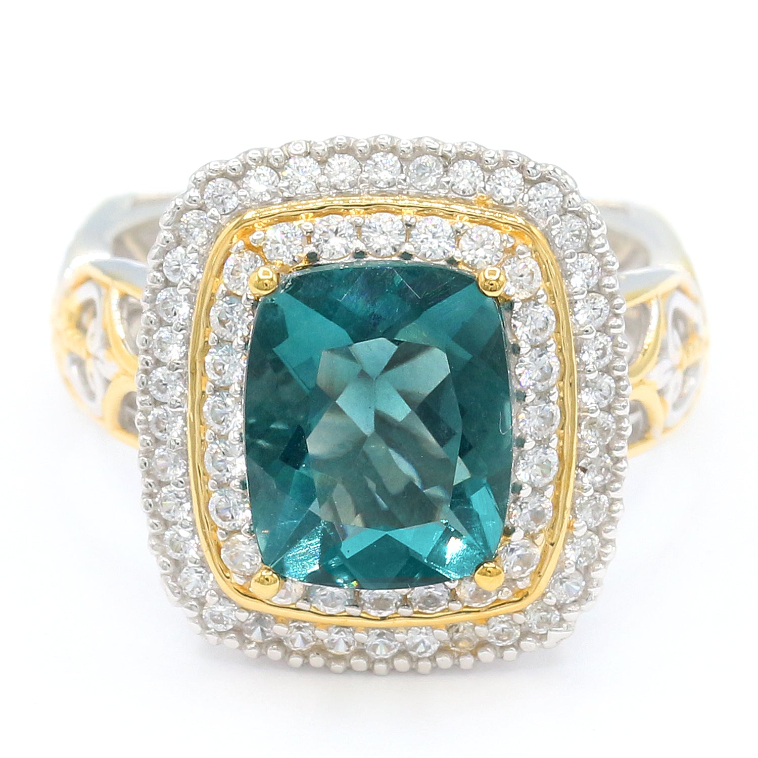 Gems en Vogue 6.41ct Teal Fluorite & White Zircon Double Halo Ring