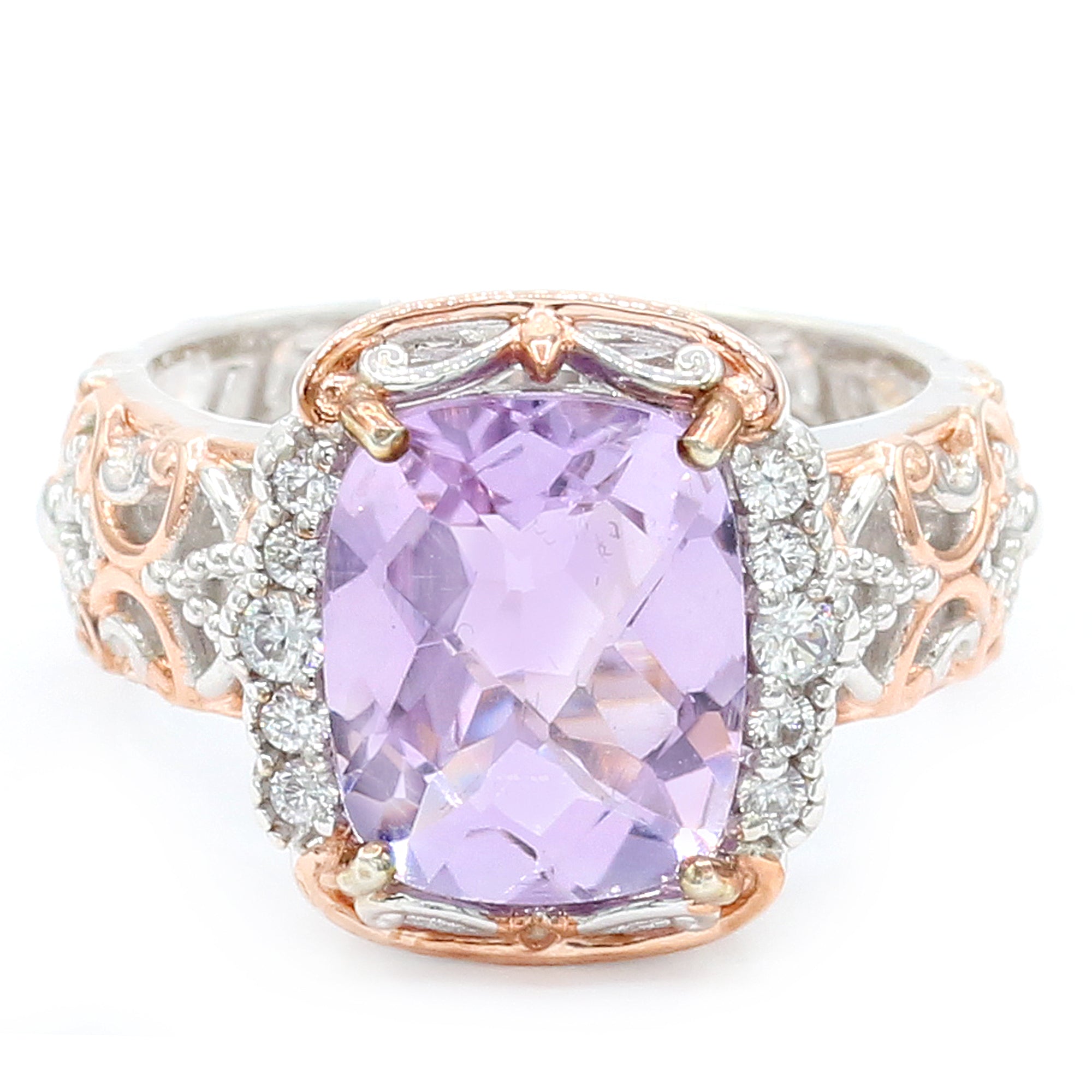 Gems en Vogue 18K Palladium Silver 4.03ctw Cushion Pink Amethyst & White Zircon Ring