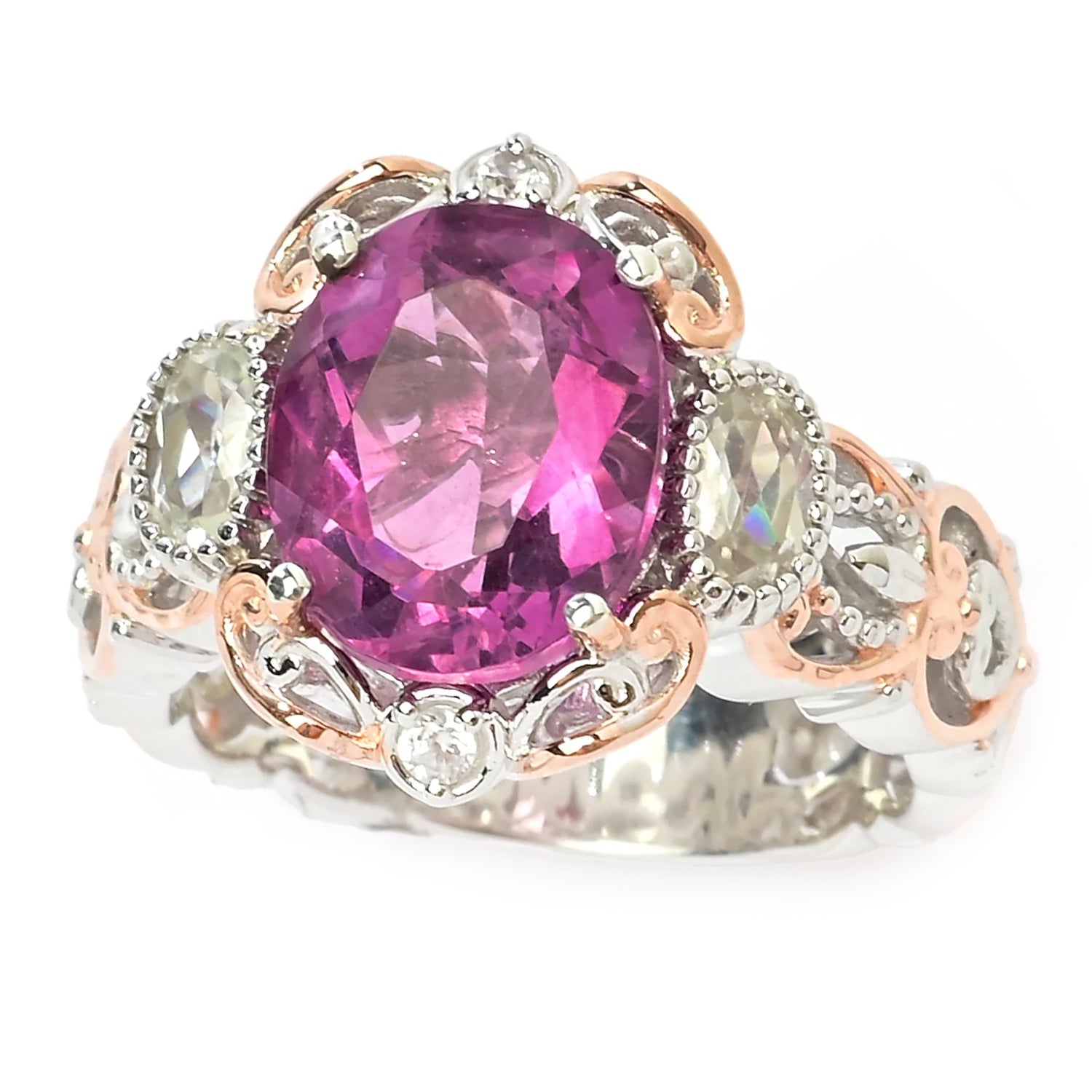 Gems en Vogue 5.01ctw Fuchsia Pink Fluorite, White Topaz & Zircon Ring