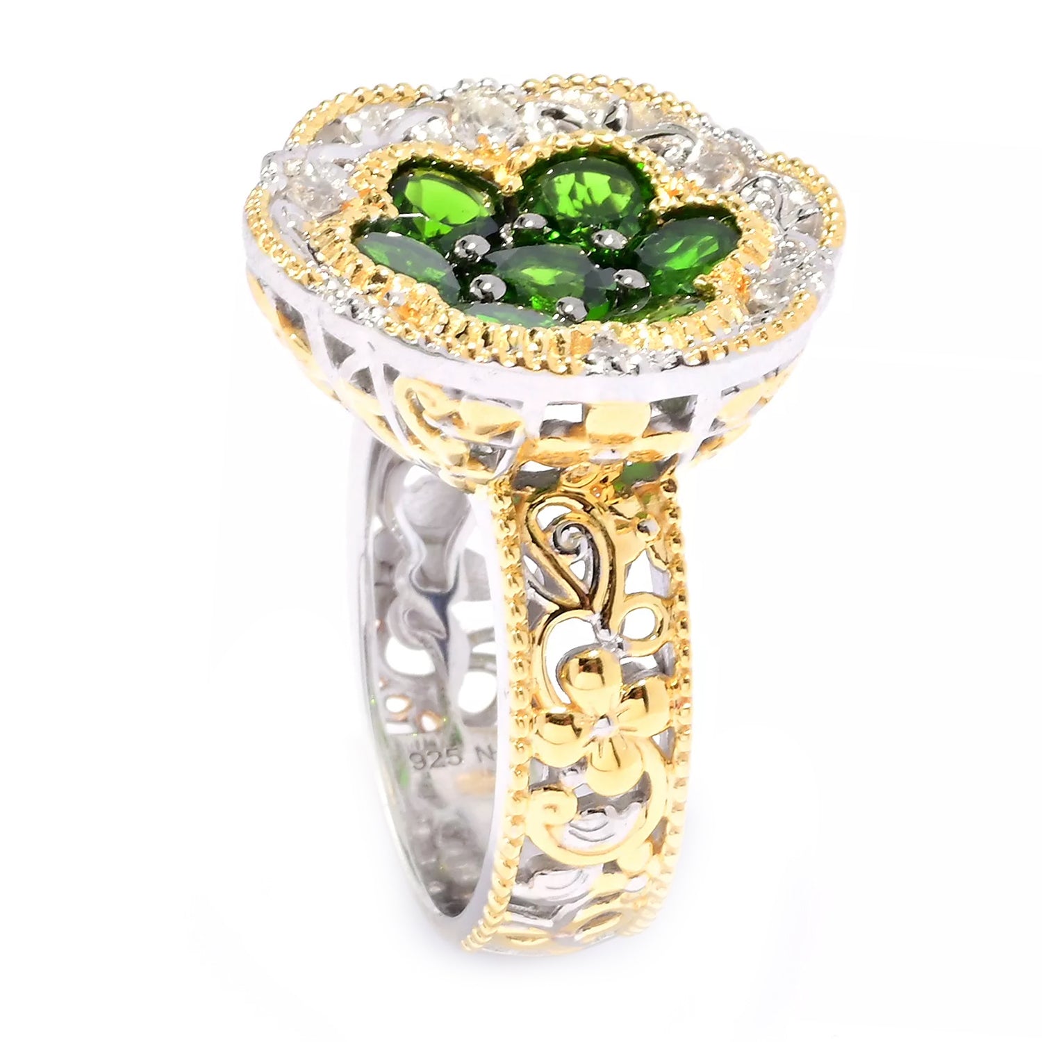 Gems en Vogue 3.45ctw Chrome Diopside & White Zircon Cluster Flower Ring