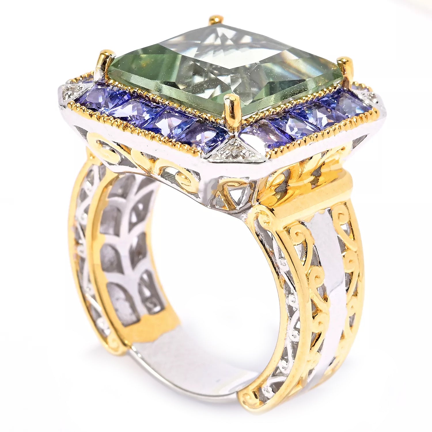 Gems en Vogue 9.47ctw Prasiolite, Tanzanite & White Zircon Ring