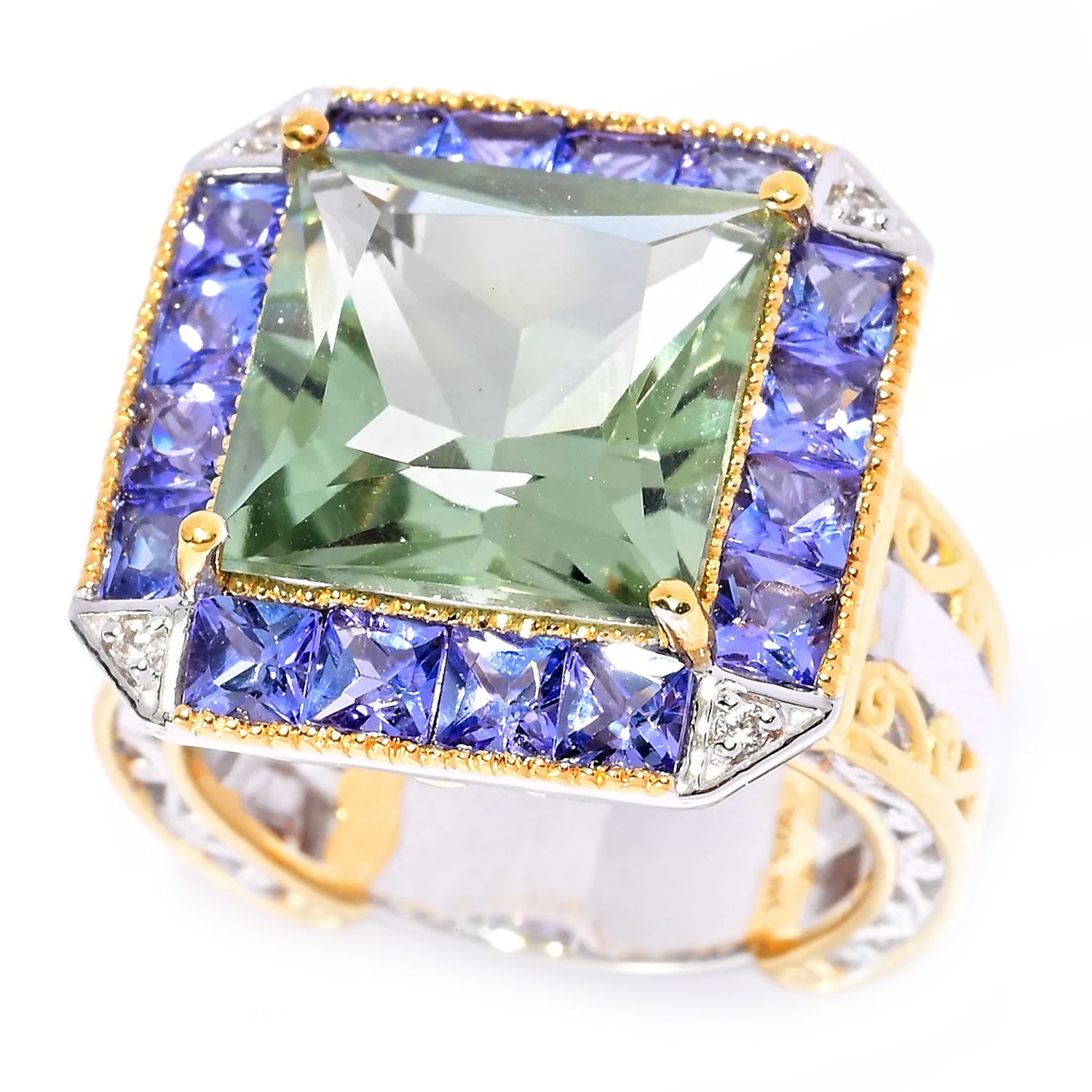 Gems en Vogue 9.47ctw Prasiolite, Tanzanite & White Zircon Ring