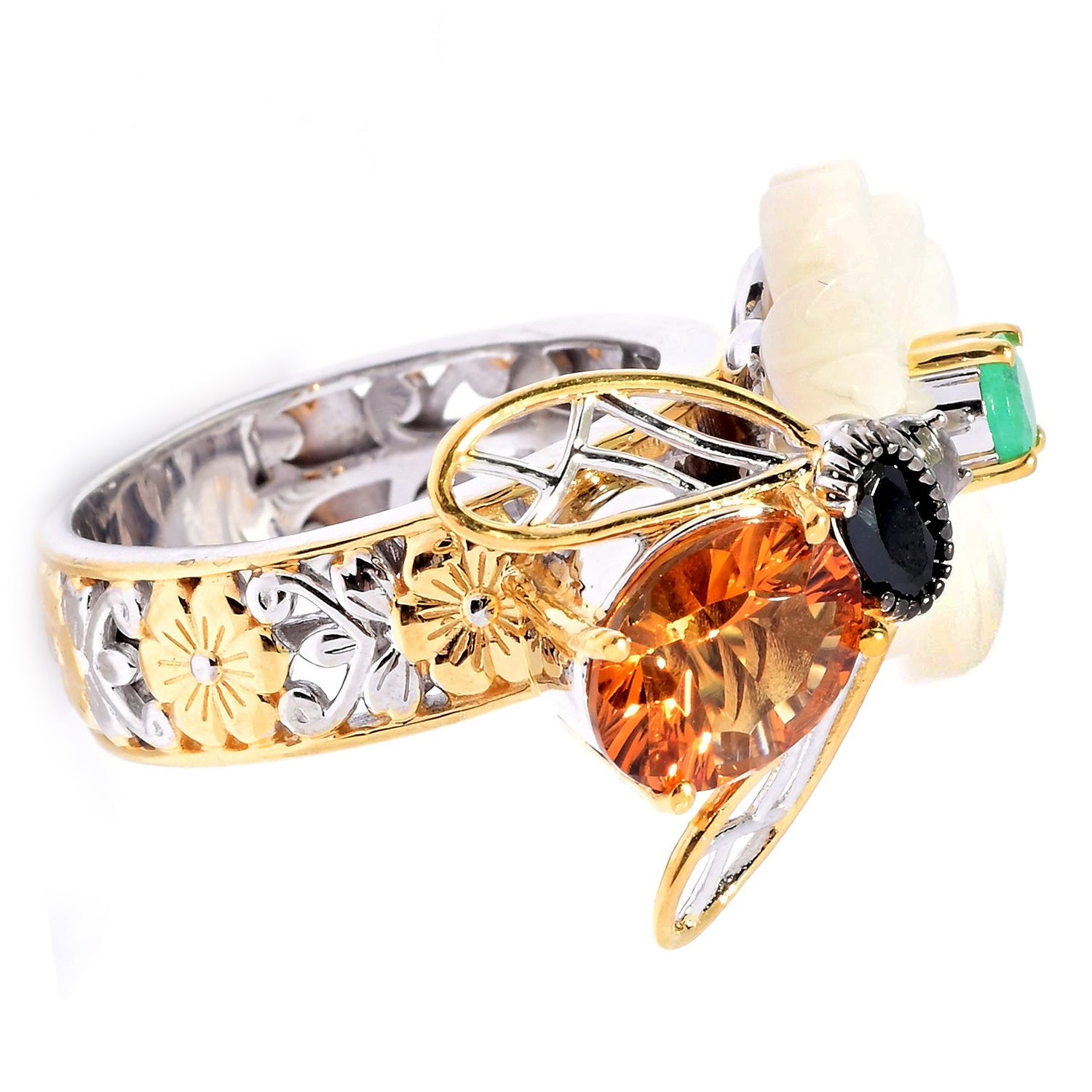 Gems en Vogue Citrine, White Mother-of-Pearl & Multi Gemstones Bee & Flower Ring