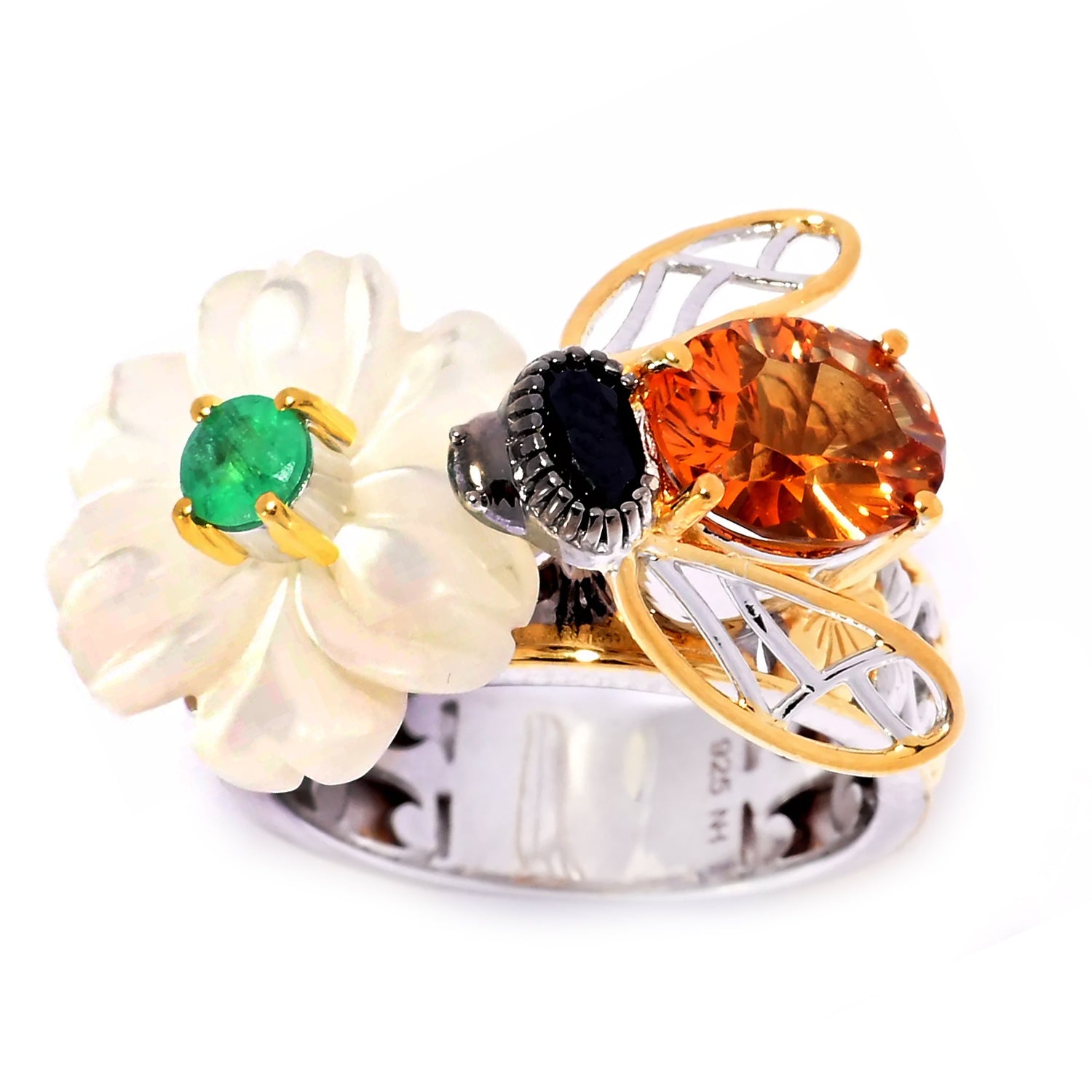 Gems en Vogue Citrine, White Mother-of-Pearl & Multi Gemstones Bee & Flower Ring