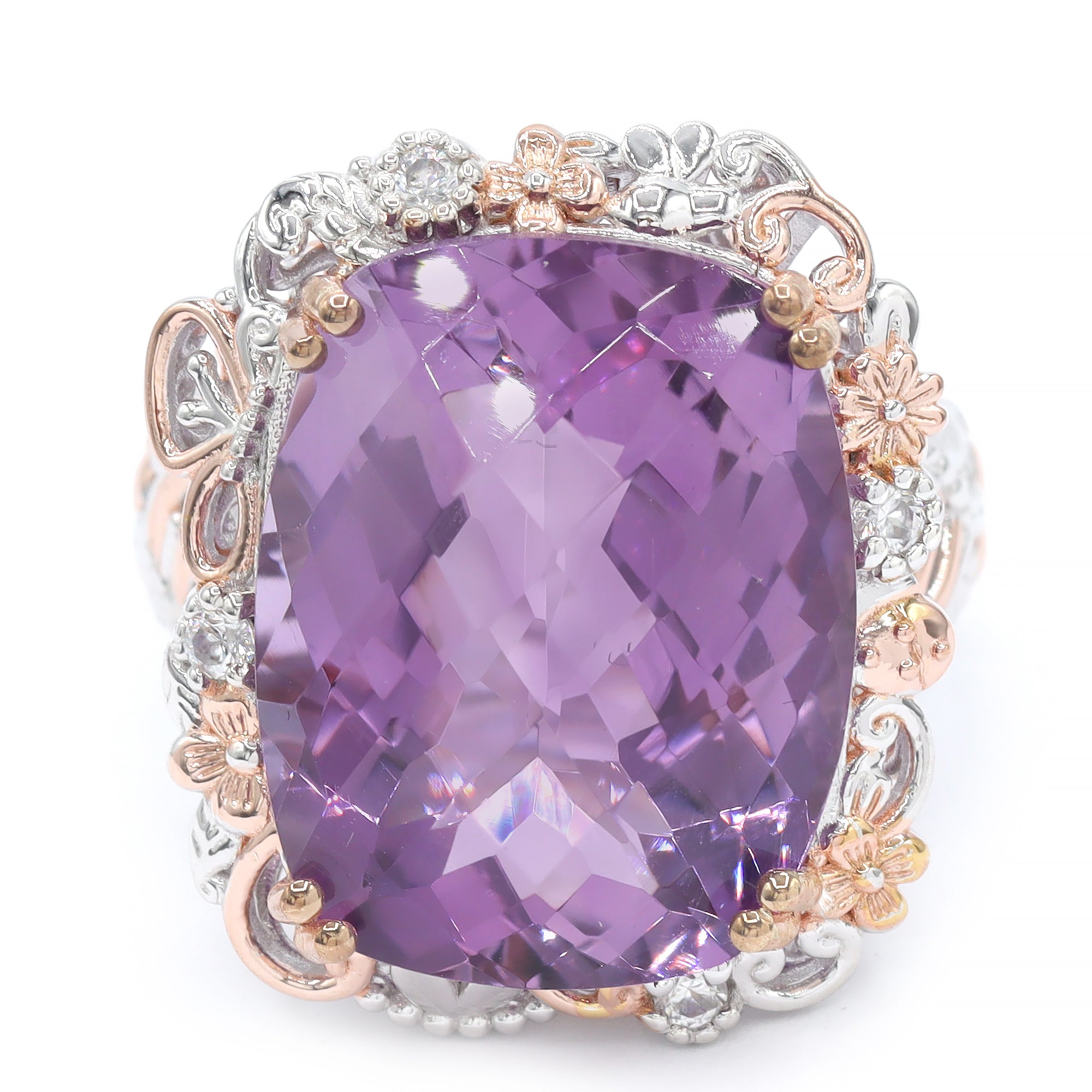 Gems en Vogue One-of-a-Kind 18K Palladium Silver 21.54ctw Pink Amethyst & White Zircon Flower & Butterfly Honker Ring