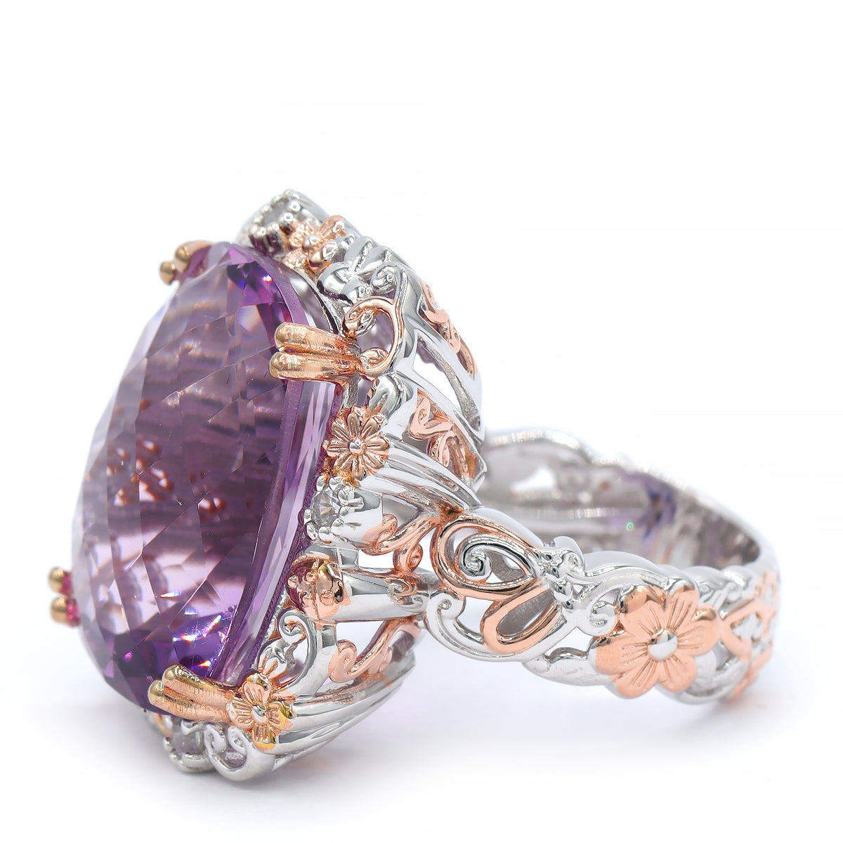 Gems en Vogue One-of-a-Kind 18K Palladium Silver 21.54ctw Pink Amethyst & White Zircon Flower & Butterfly Honker Ring