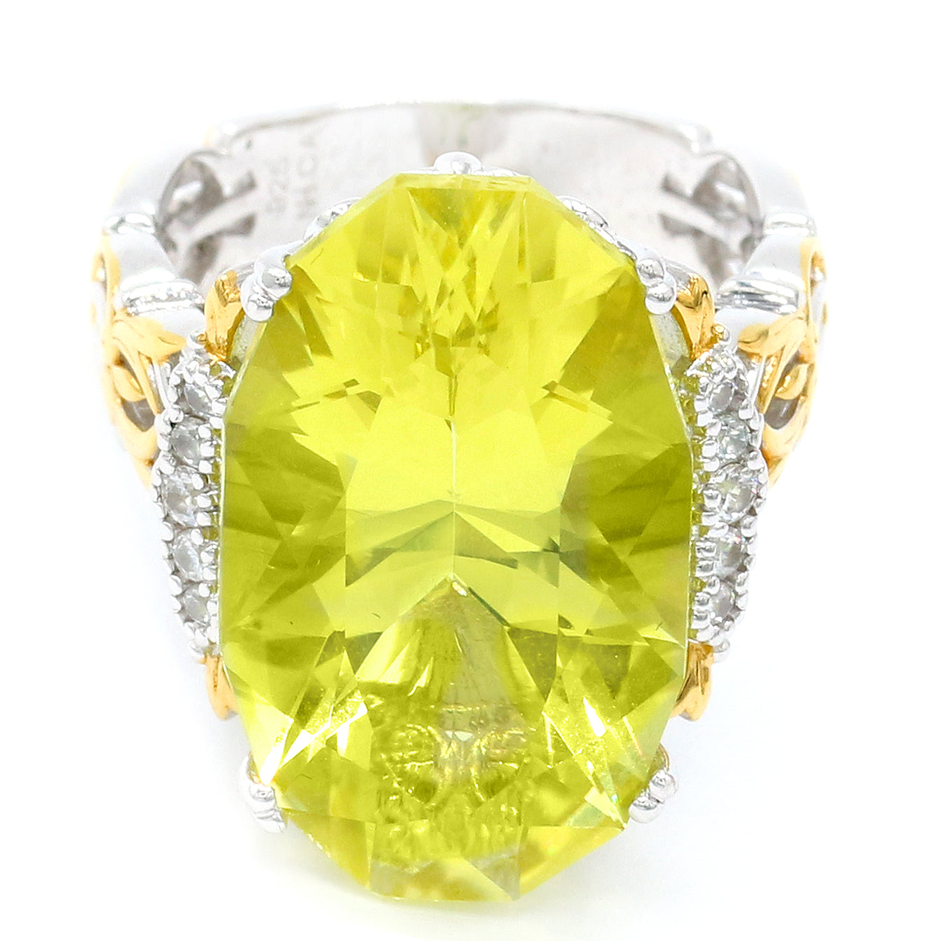 Gems en Vogue 22.97ctw Special Cut Ouro Verde & White Zircon Honker Ring