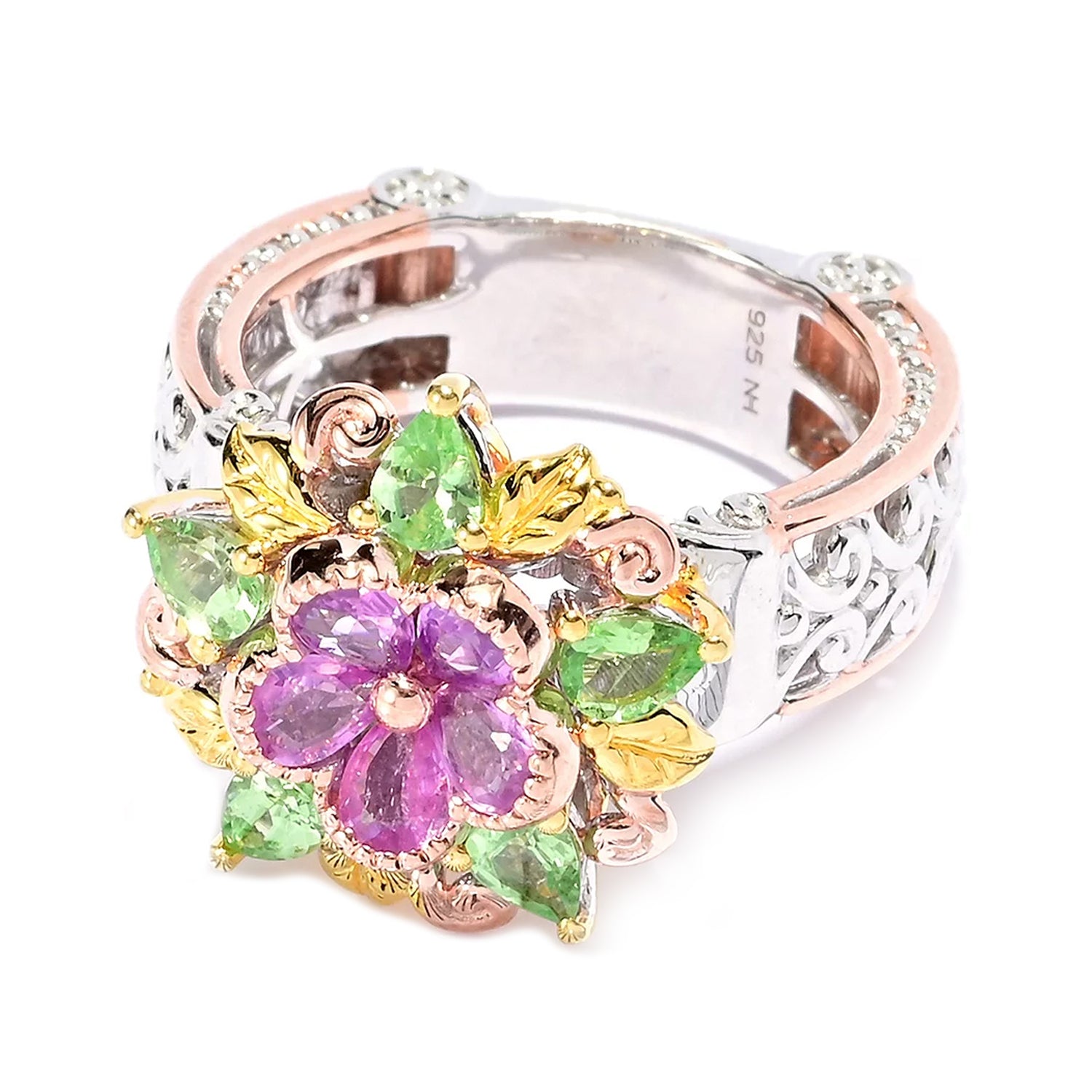 Gems en Vogue 1.43ctw Sapphire & Mint Tsavorite Flower & Leaf Ring