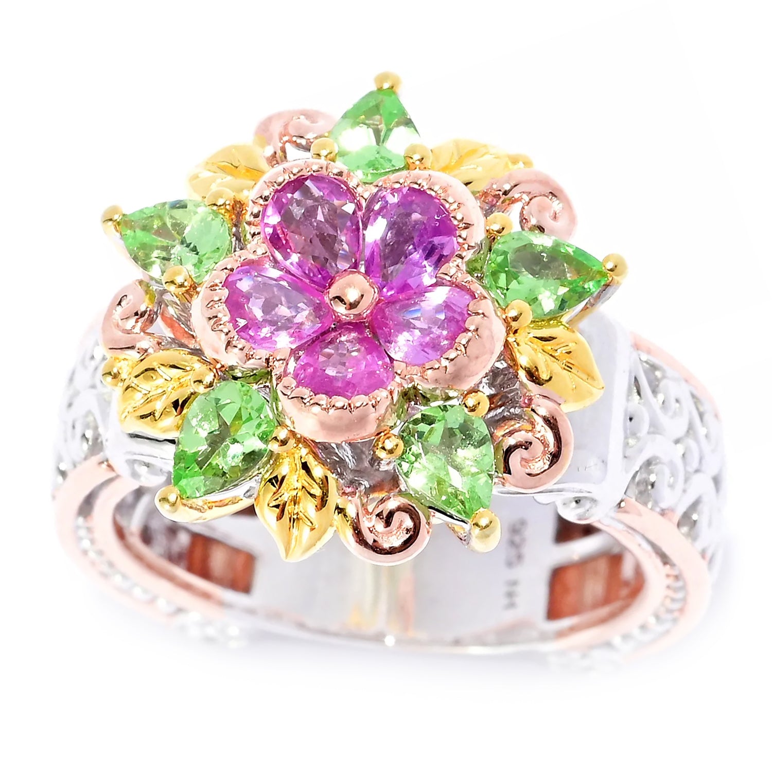 Gems en Vogue 1.43ctw Sapphire & Mint Tsavorite Flower & Leaf Ring