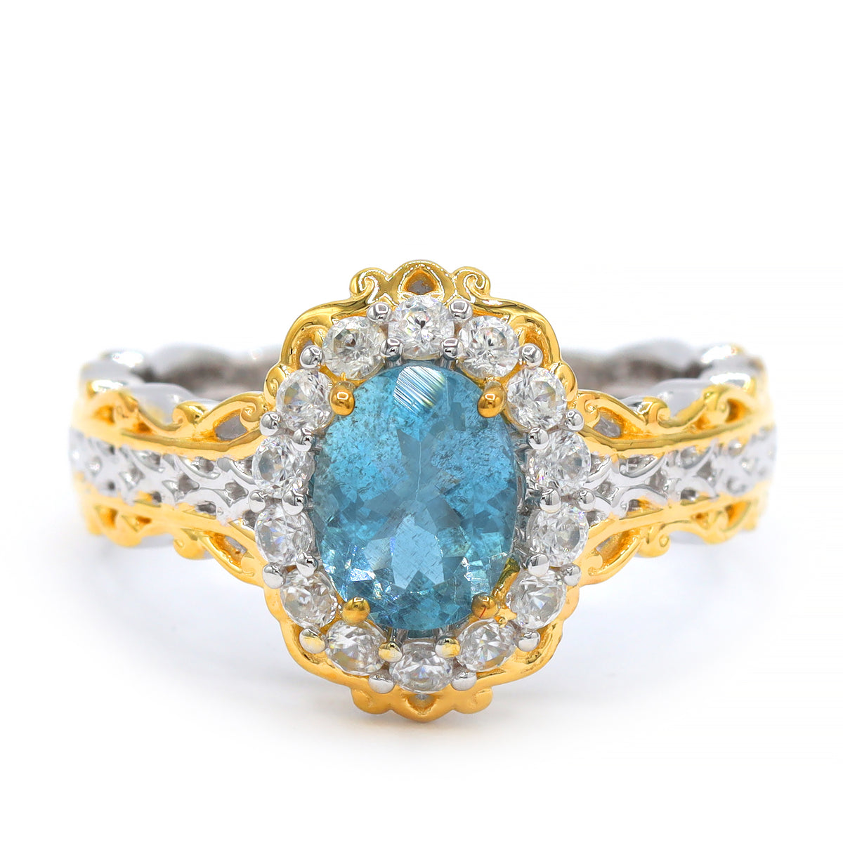Bague à halo en aigue-marine de Tanzanie et zircon blanc 4,06 carats en argent et palladium 24K, pièce unique Couture Gems