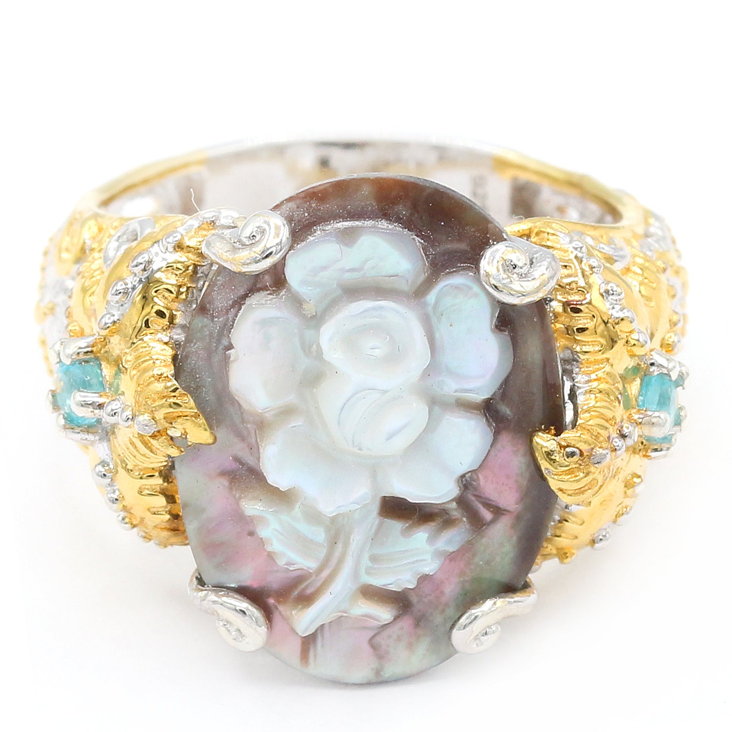 Gems en Vogue Tahitian Shell Cameo & Dauphin Apatite Flower & Starfish Ring