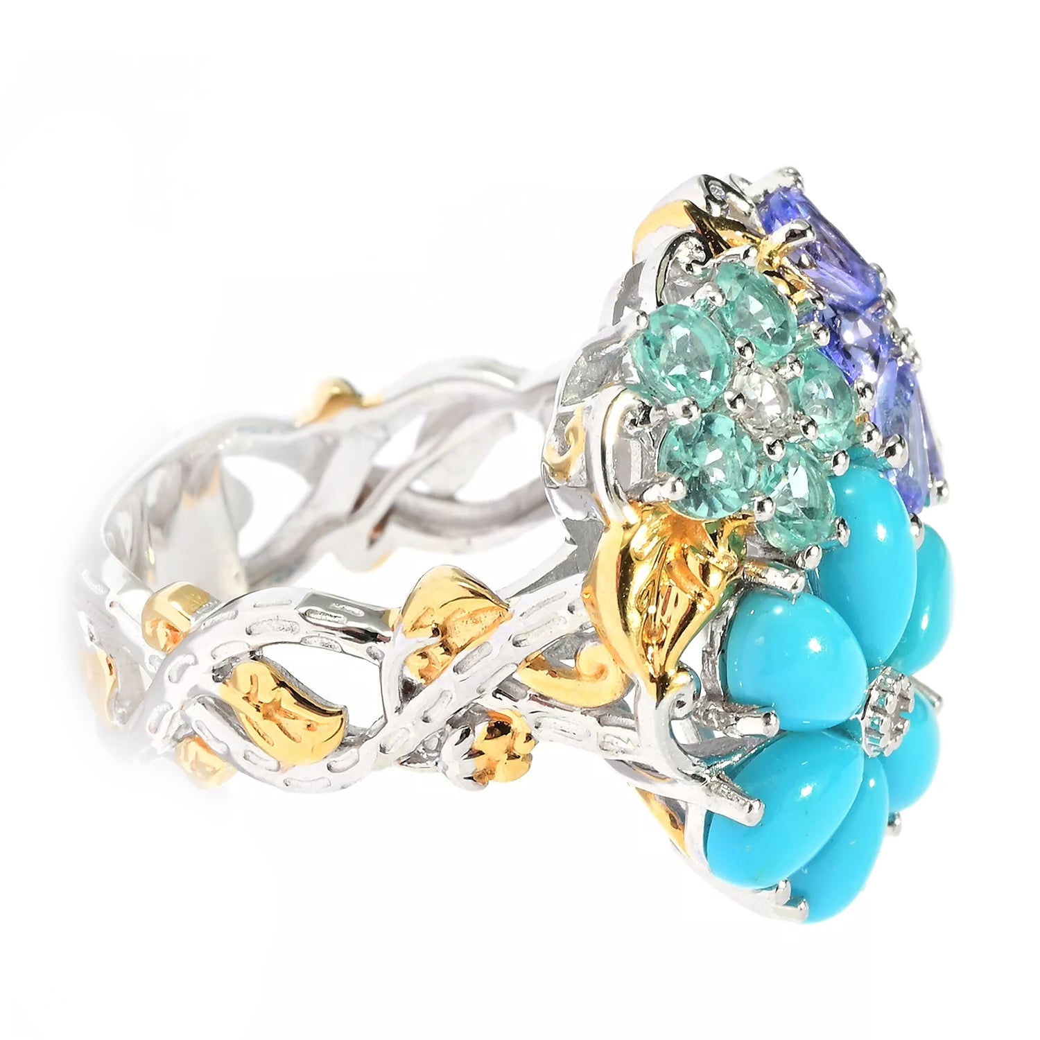 Gems en Vogue Sleeping Beauty Turquoise & Multi Gemstones Flower Ring