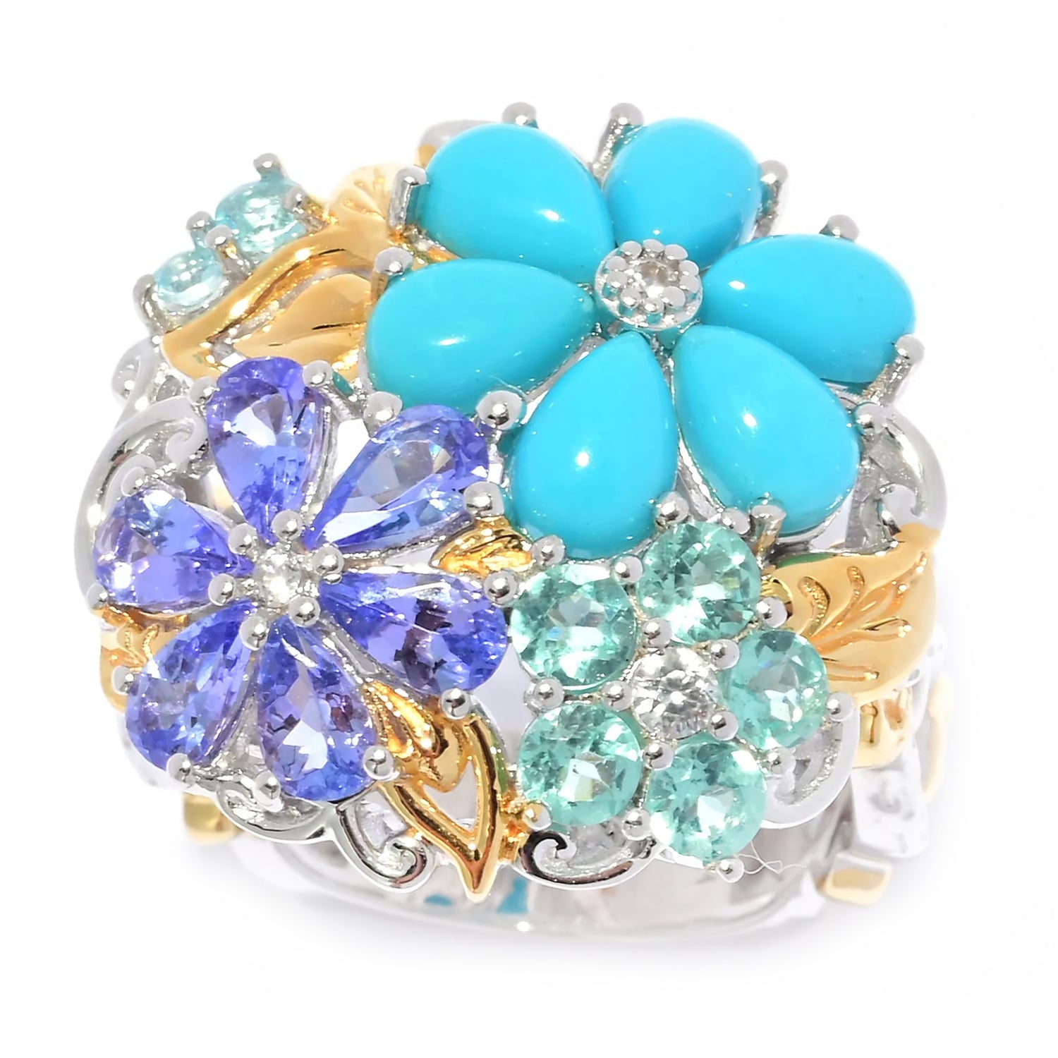 Gems en Vogue Sleeping Beauty Turquoise & Multi Gemstones Flower Ring