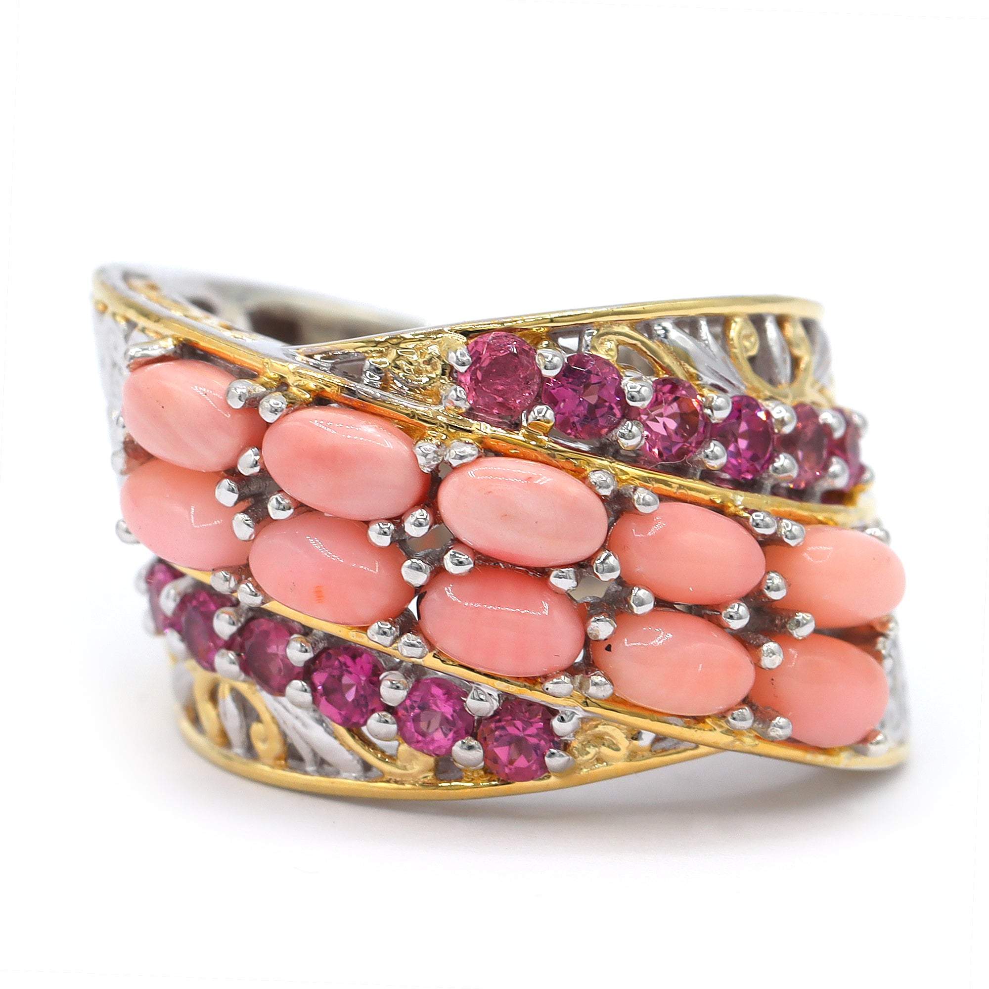 Gems en Vogue One-of-a-Kind 24K Palladium Silver Pink Coral & Pink Tourmaline Highway Ring
