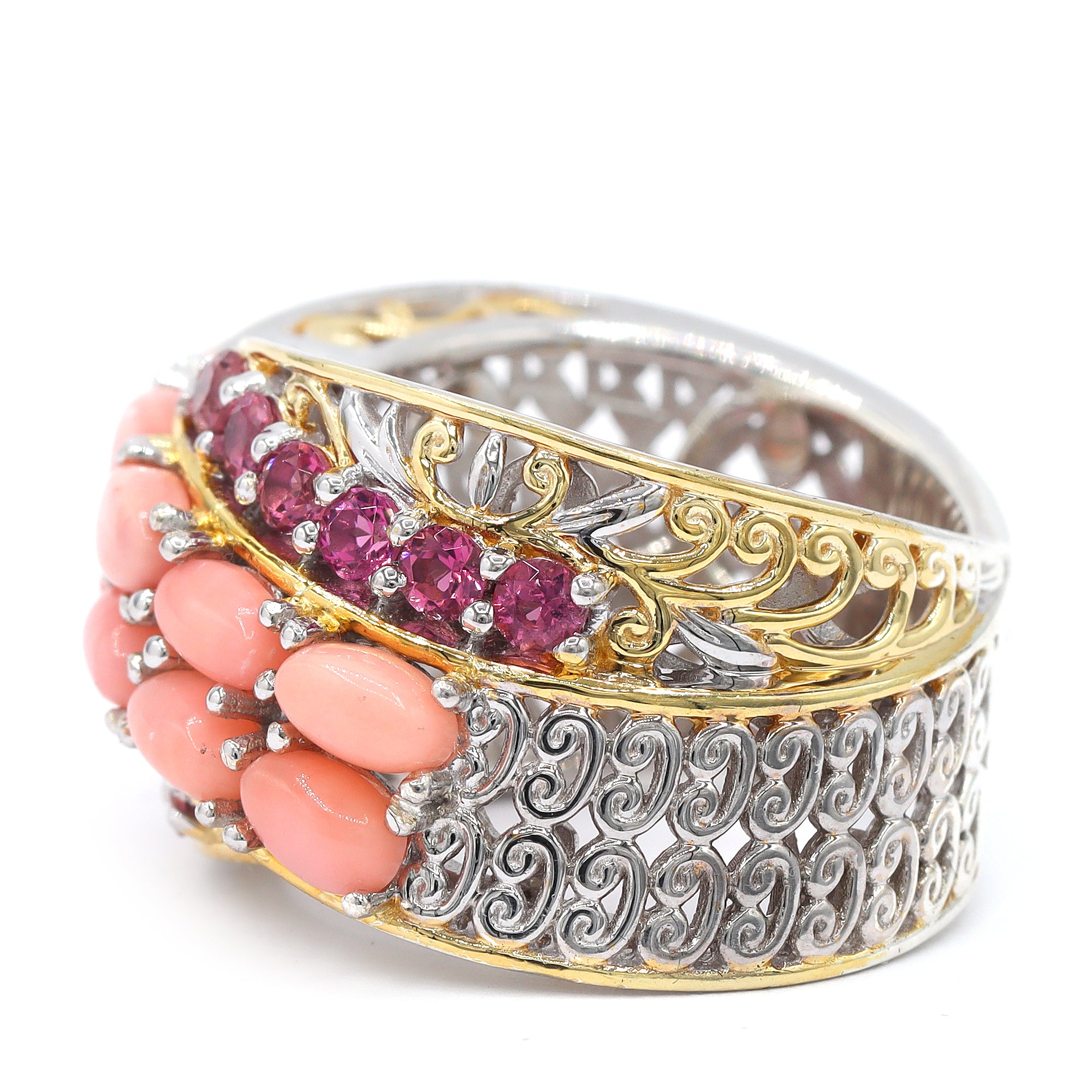Gems en Vogue One-of-a-Kind 24K Palladium Silver Pink Coral & Pink Tourmaline Highway Ring