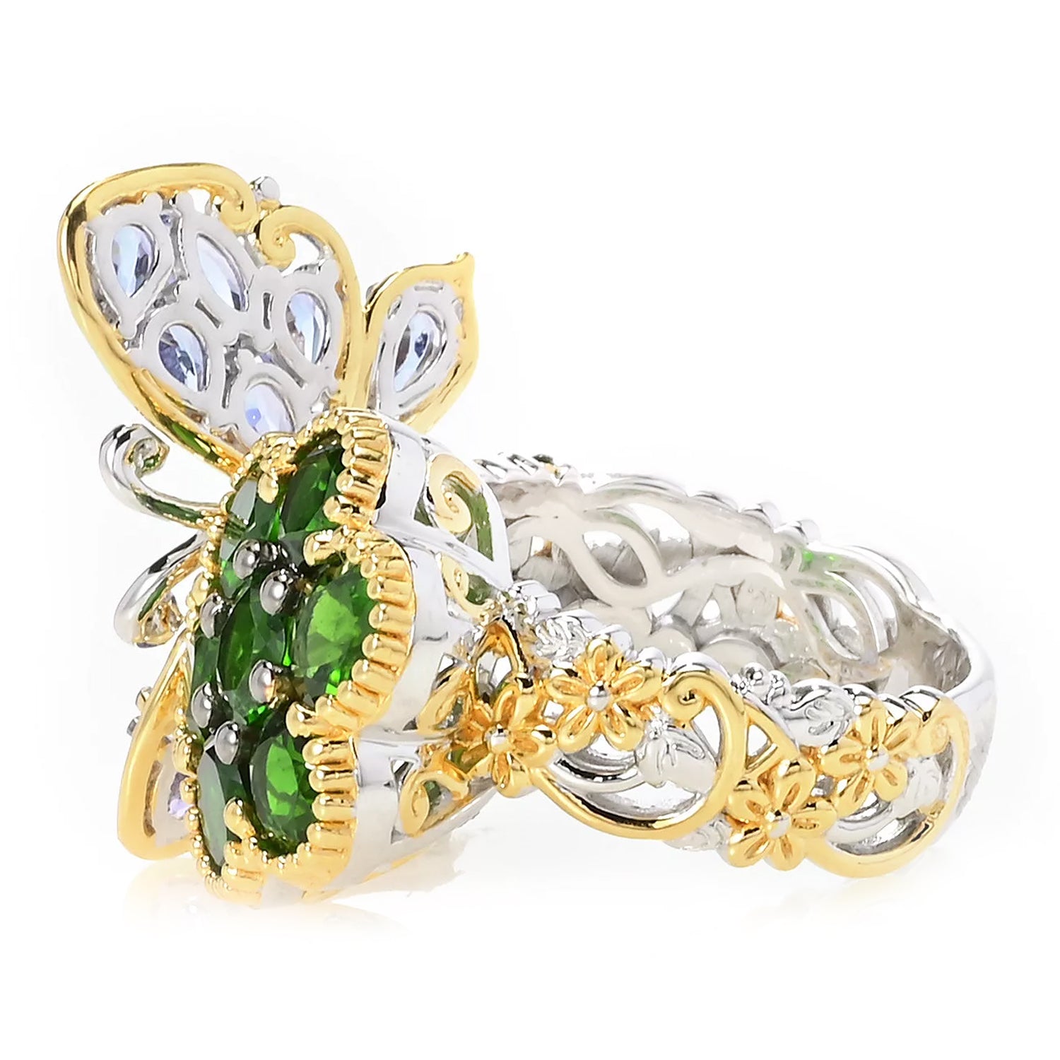 Gems en Vogue 4.96ctw Tanzanite & Chrome Diopside Butterfly & Flower Ring