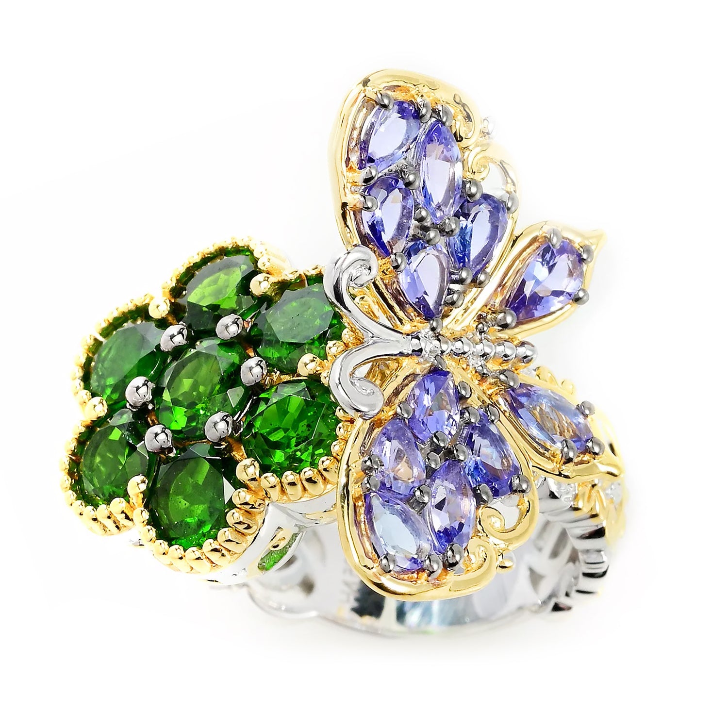 Gems en Vogue 4.96ctw Tanzanite & Chrome Diopside Butterfly & Flower Ring