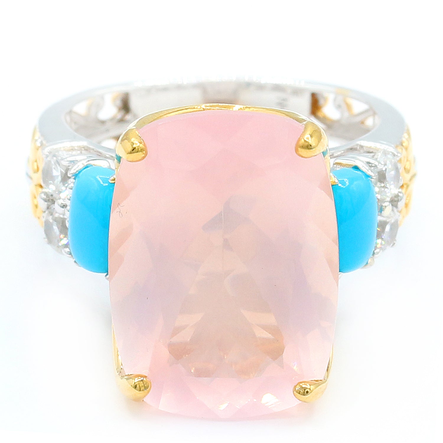 Gems en Vogue 15.10ctw Rose Quartz, Sleeping Beauty Turquoise & White Zircon Ring