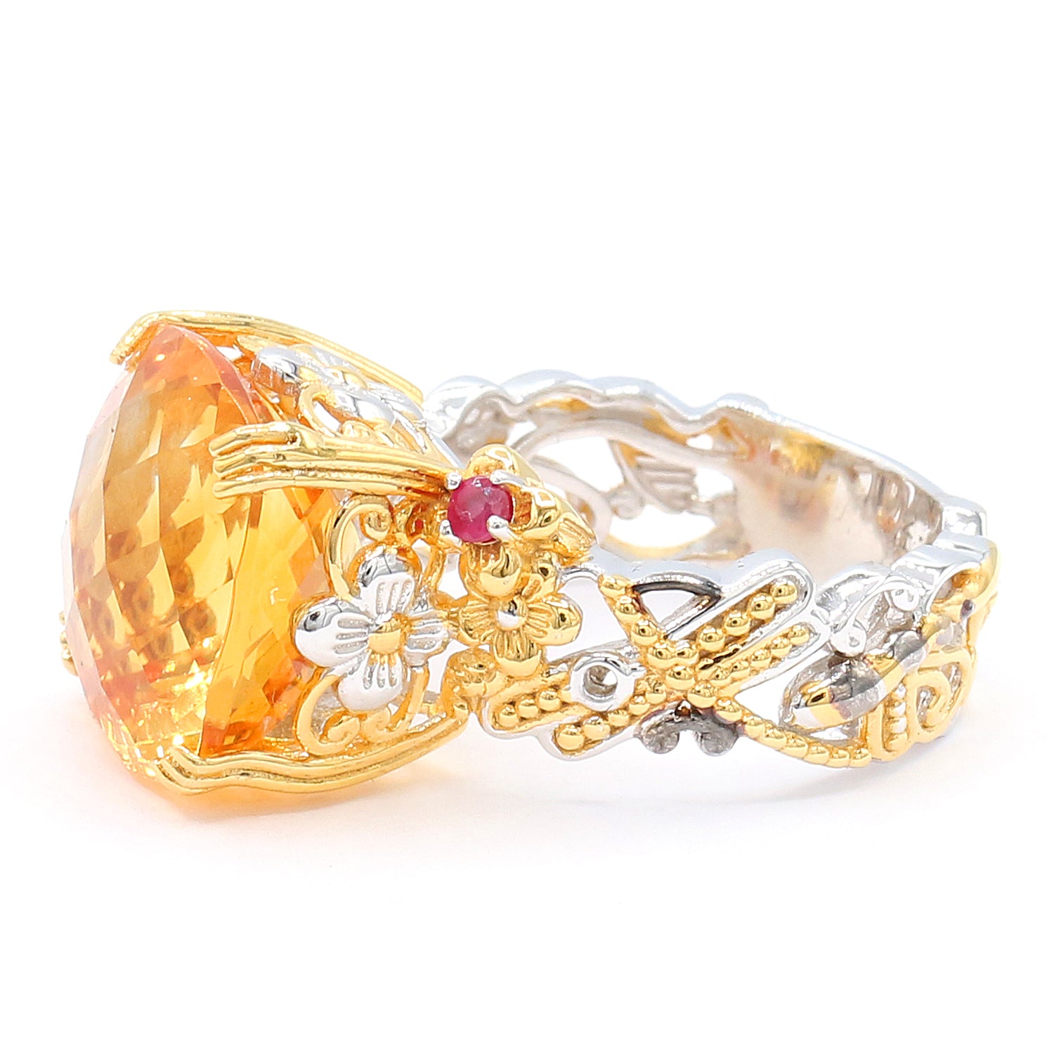 Gems en Vogue 12.55ctw Rio Grande Citrine & Ruby Dragonfly & Flower Ring